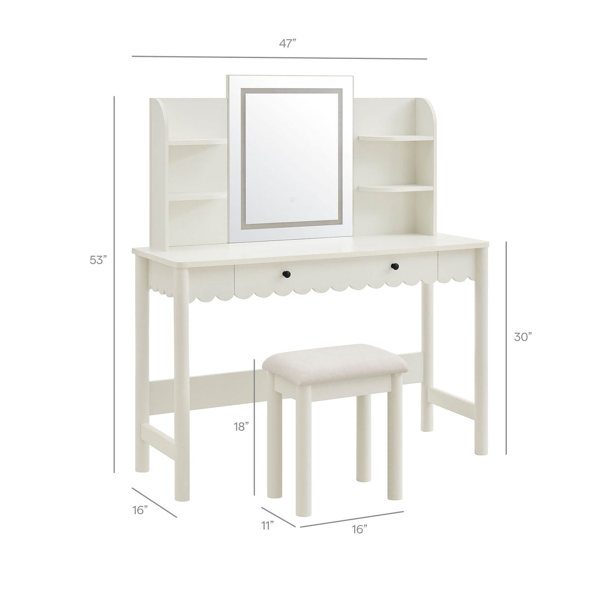 Emmeline Scalloped Makeup Vanity Desk With LED Mirror and Stool