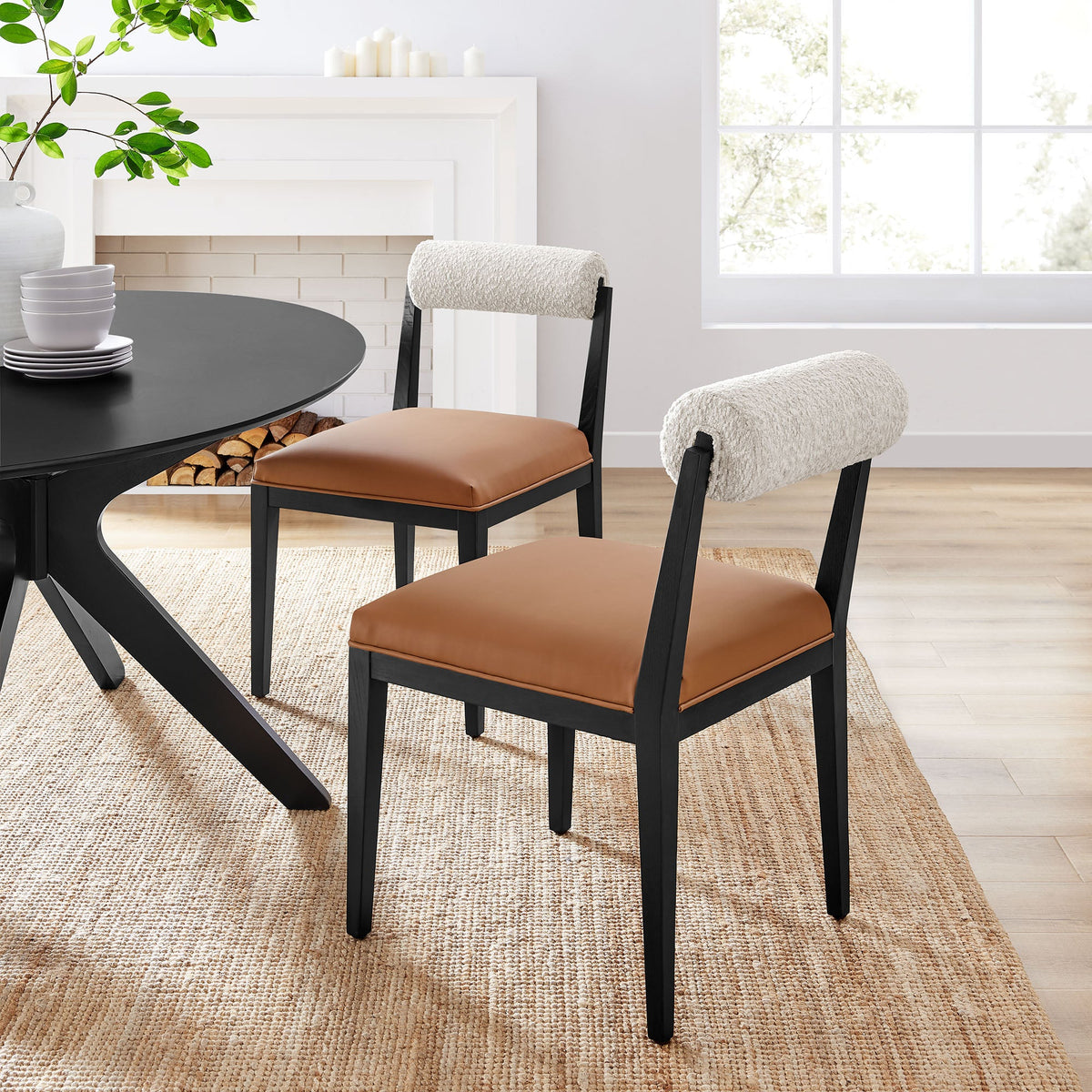 Kai Boucle and Vegan Leather Dining Chair Set of 2