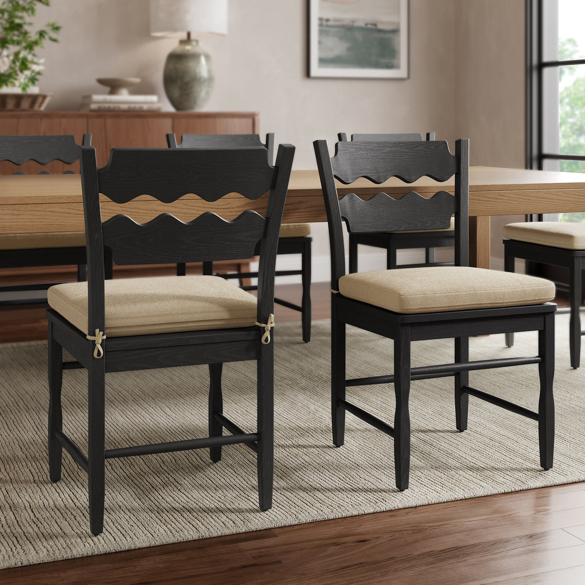 Jax Oak Wood Dining Chair With Wavy Razor Back and Cushion Set of 2