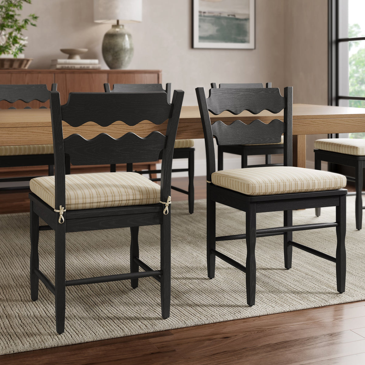 Jax Oak Wood Dining Chair With Wavy Razor Back and Cushion Set of 2