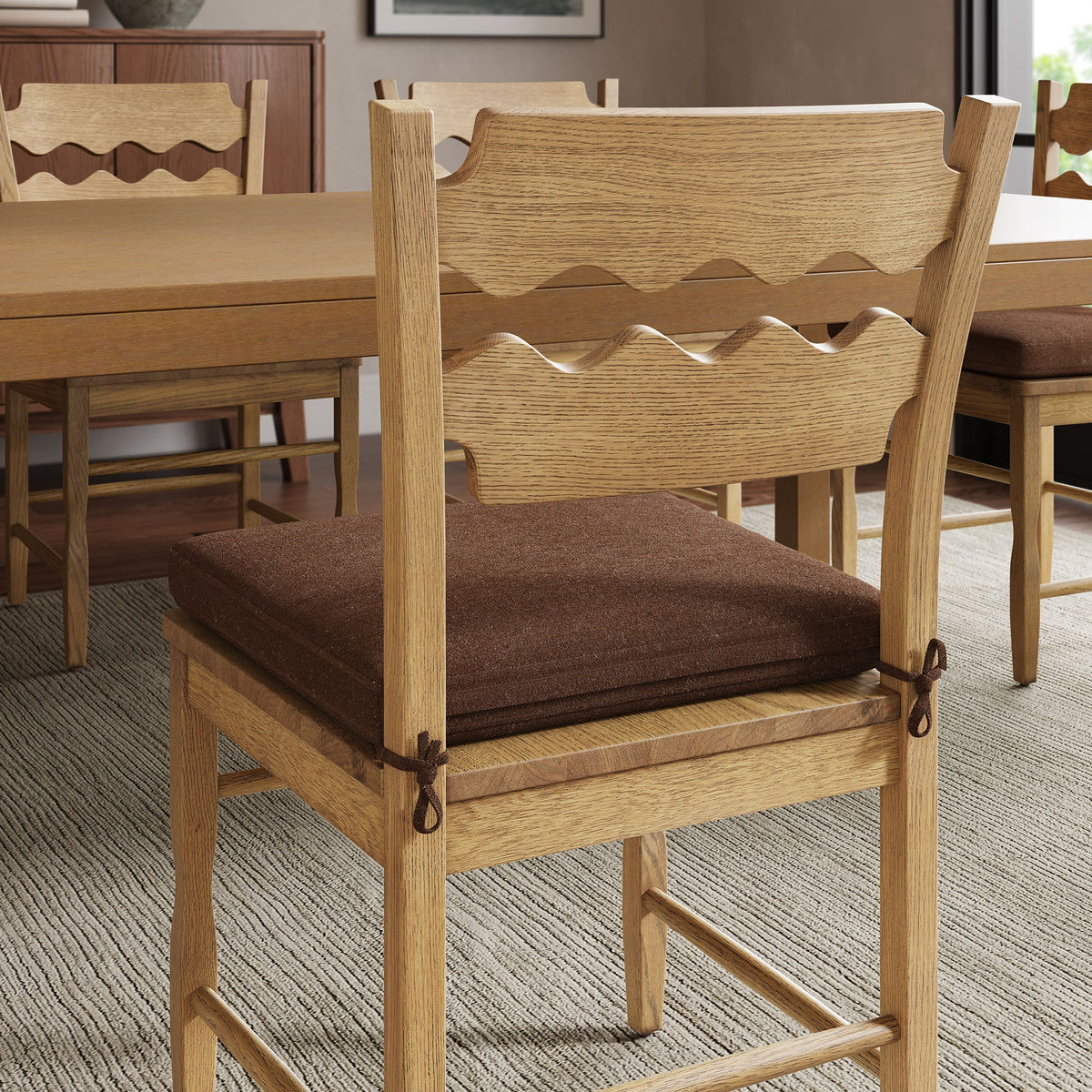 Jax Oak Wood Dining Chair With Wavy Razor Back and Cushion Set of 2