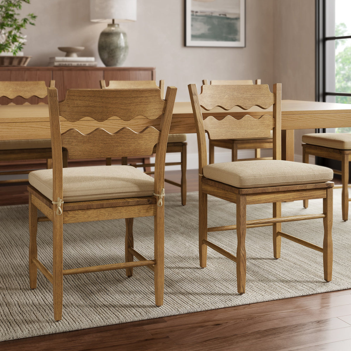 Jax Oak Wood Dining Chair With Wavy Razor Back and Cushion Set of 2