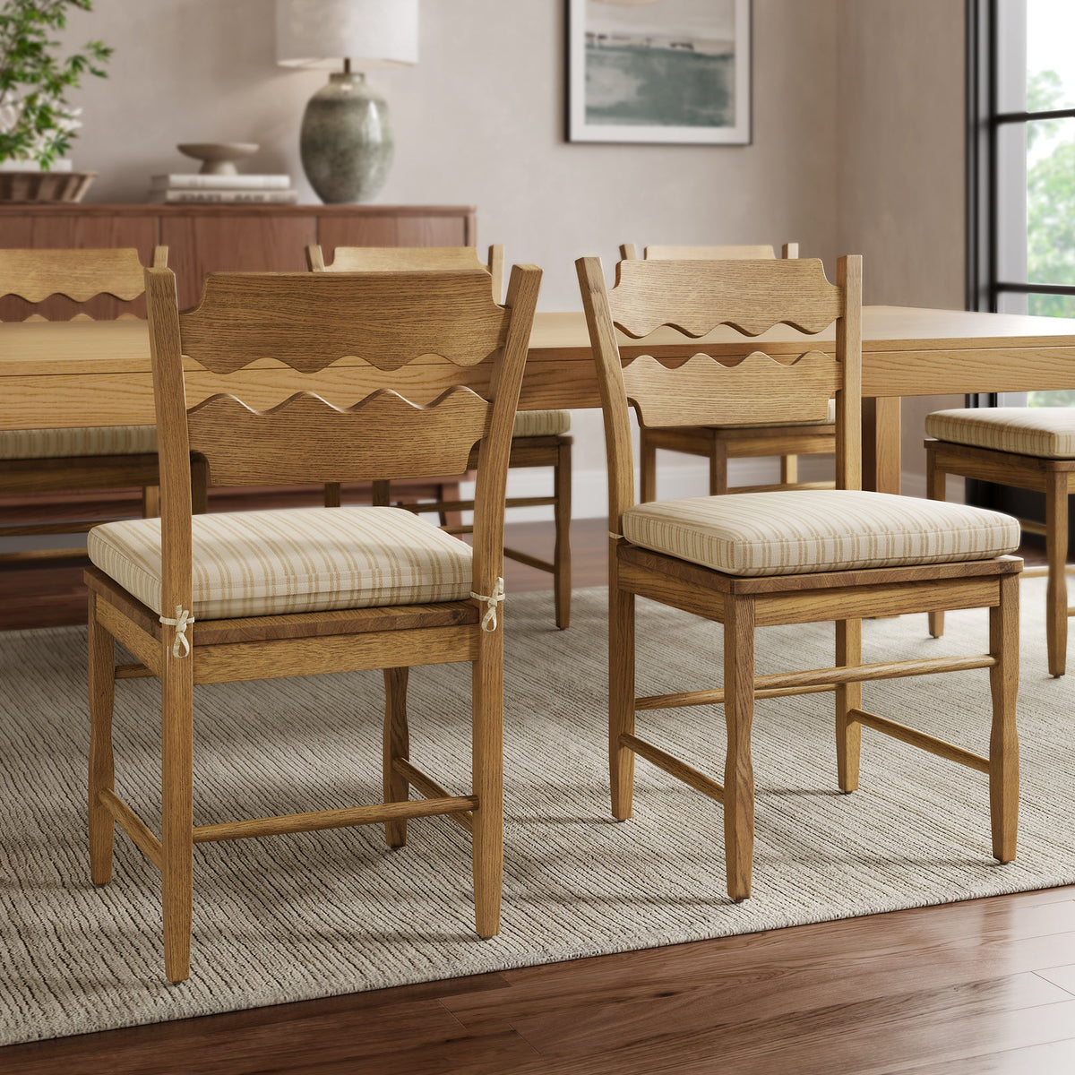 Jax Oak Wood Dining Chair With Wavy Razor Back and Cushion Set of 2