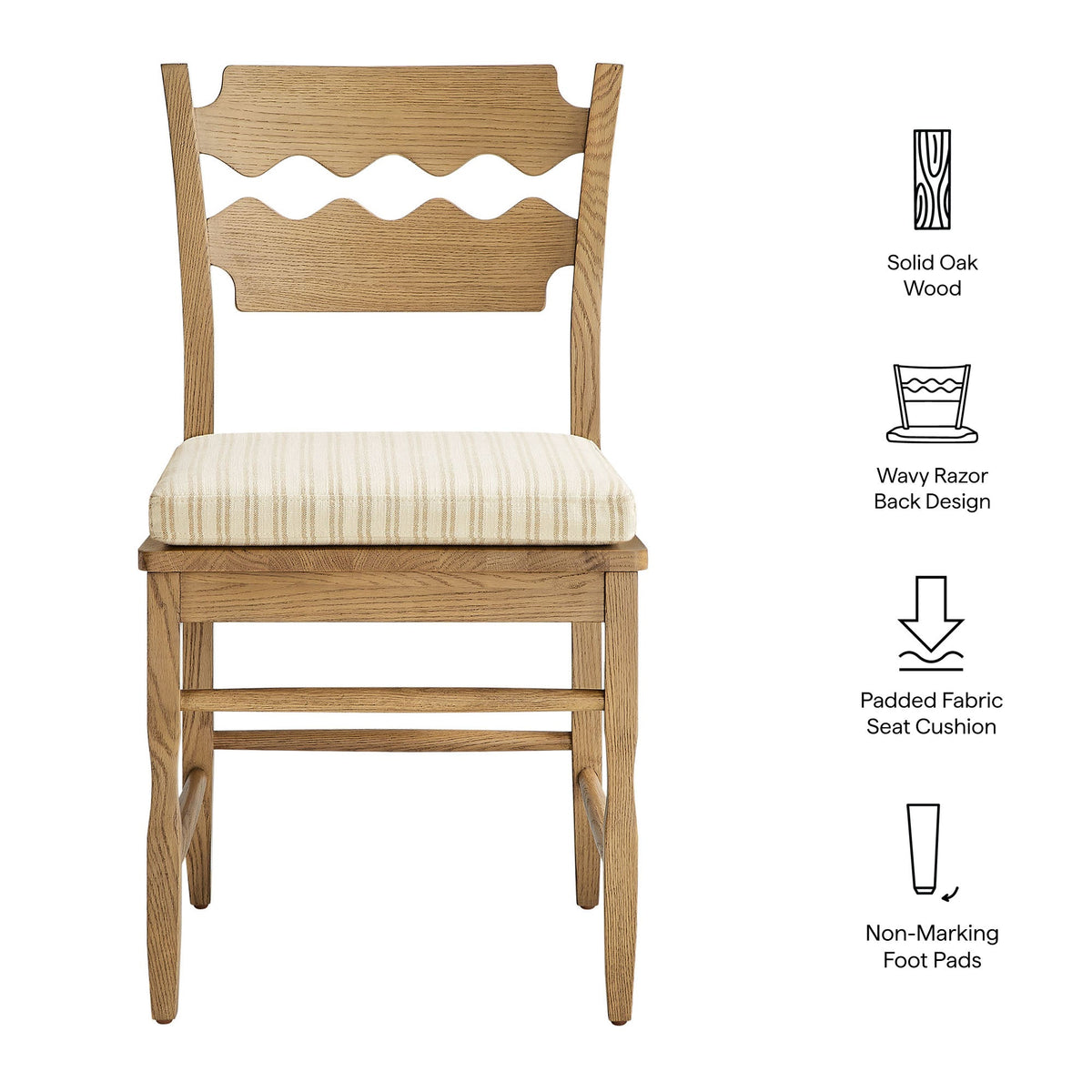 Jax Oak Wood Dining Chair With Wavy Razor Back and Cushion Set of 2