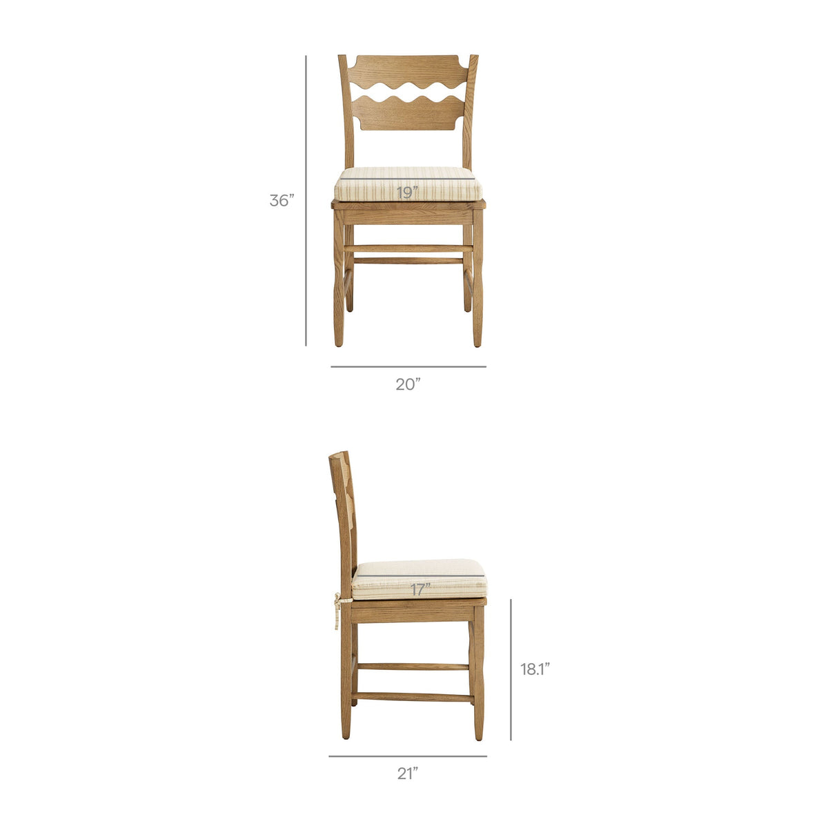 Jax Oak Wood Dining Chair With Wavy Razor Back and Cushion Set of 2
