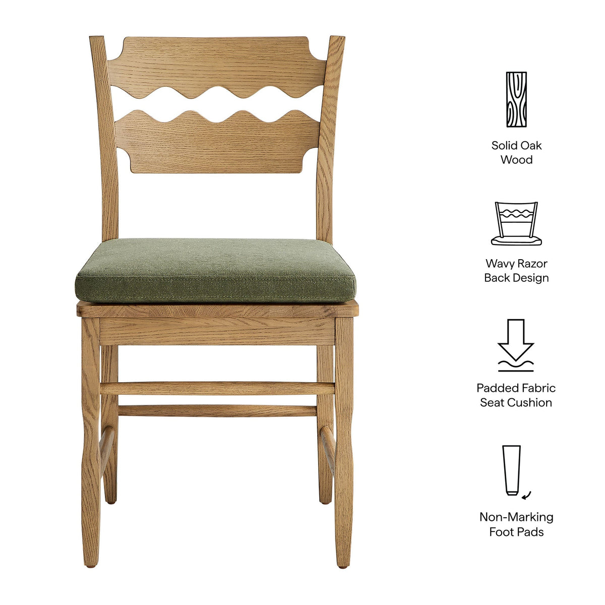 Jax Oak Wood Dining Chair With Wavy Razor Back and Cushion Set of 2