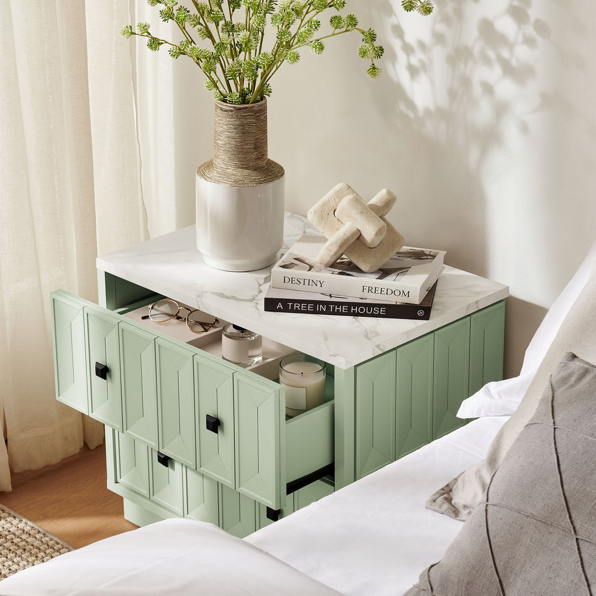 Mabry 23 Inch Geometric Faceted Two Drawer Nightstand