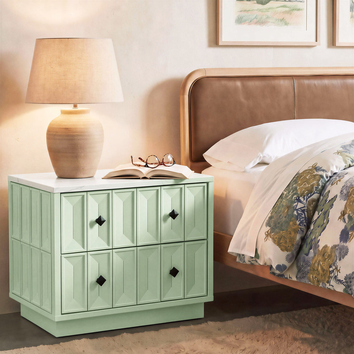 Mabry 23 Inch Geometric Faceted Two Drawer Nightstand