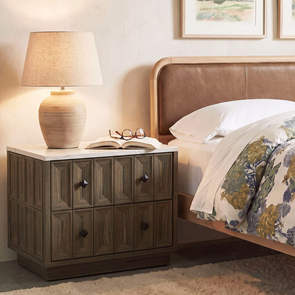 Mabry 23 Inch Geometric Faceted Two Drawer Nightstand