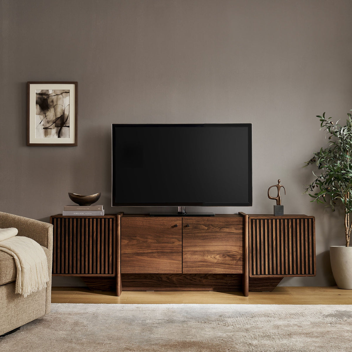 Yarrow 77 Inch Fluted Four Door TV Stand