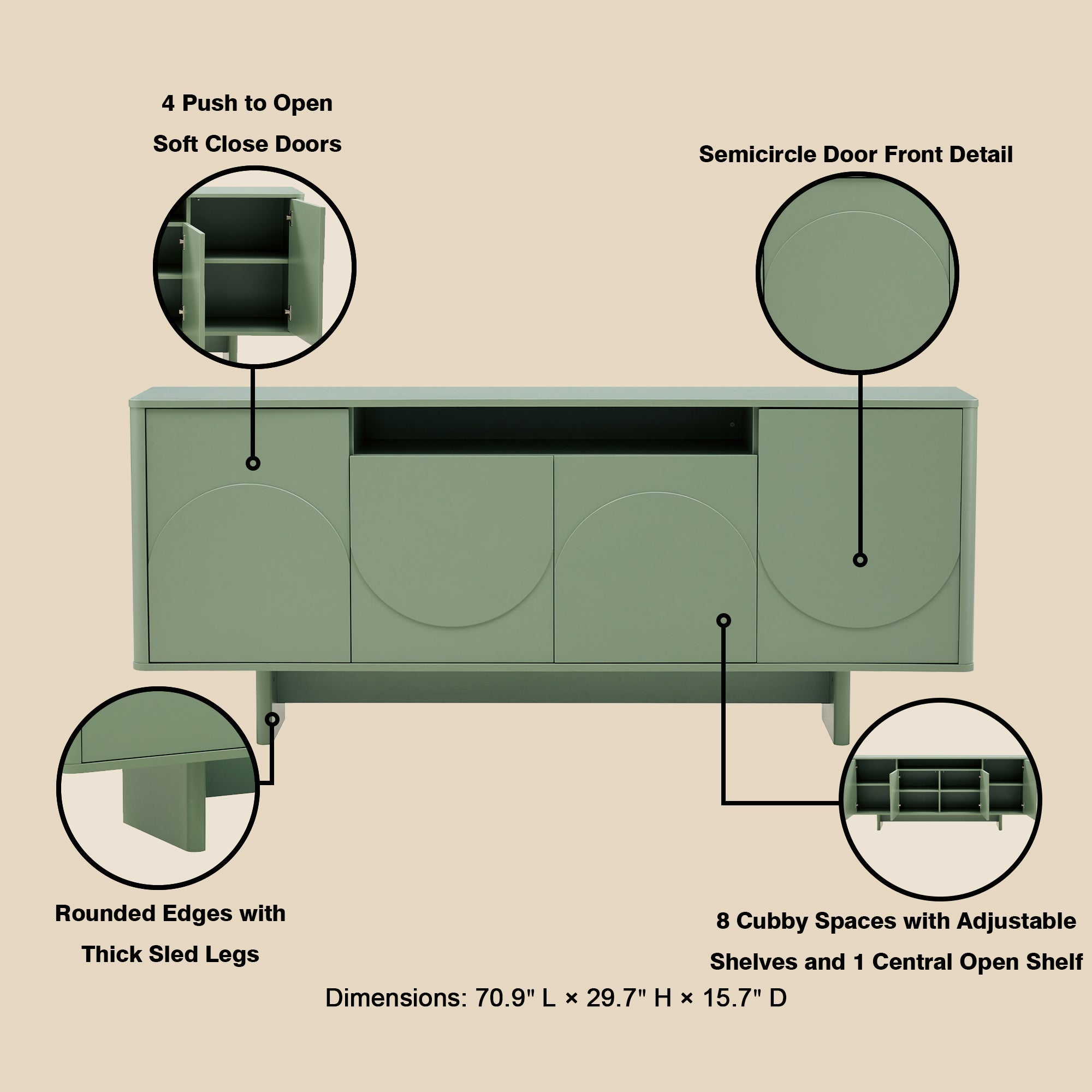 Ella 71" Modern Sage Green Sideboard