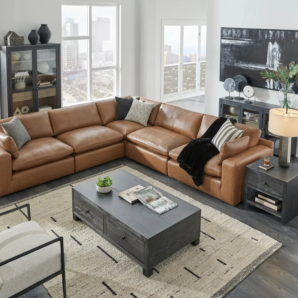 Emilia Caramel Leather 6-Piece Modular Sectional