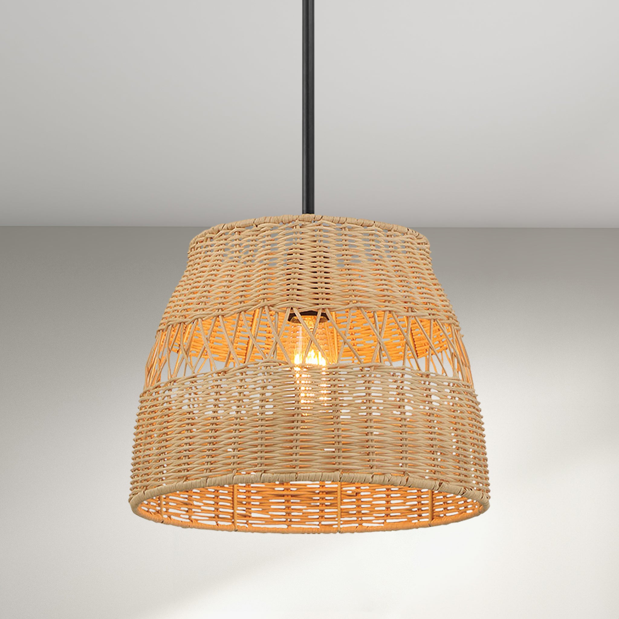 Flora Single Lights Pendant With Rattan Shade  Black Metal Finish for Farmhouse Style