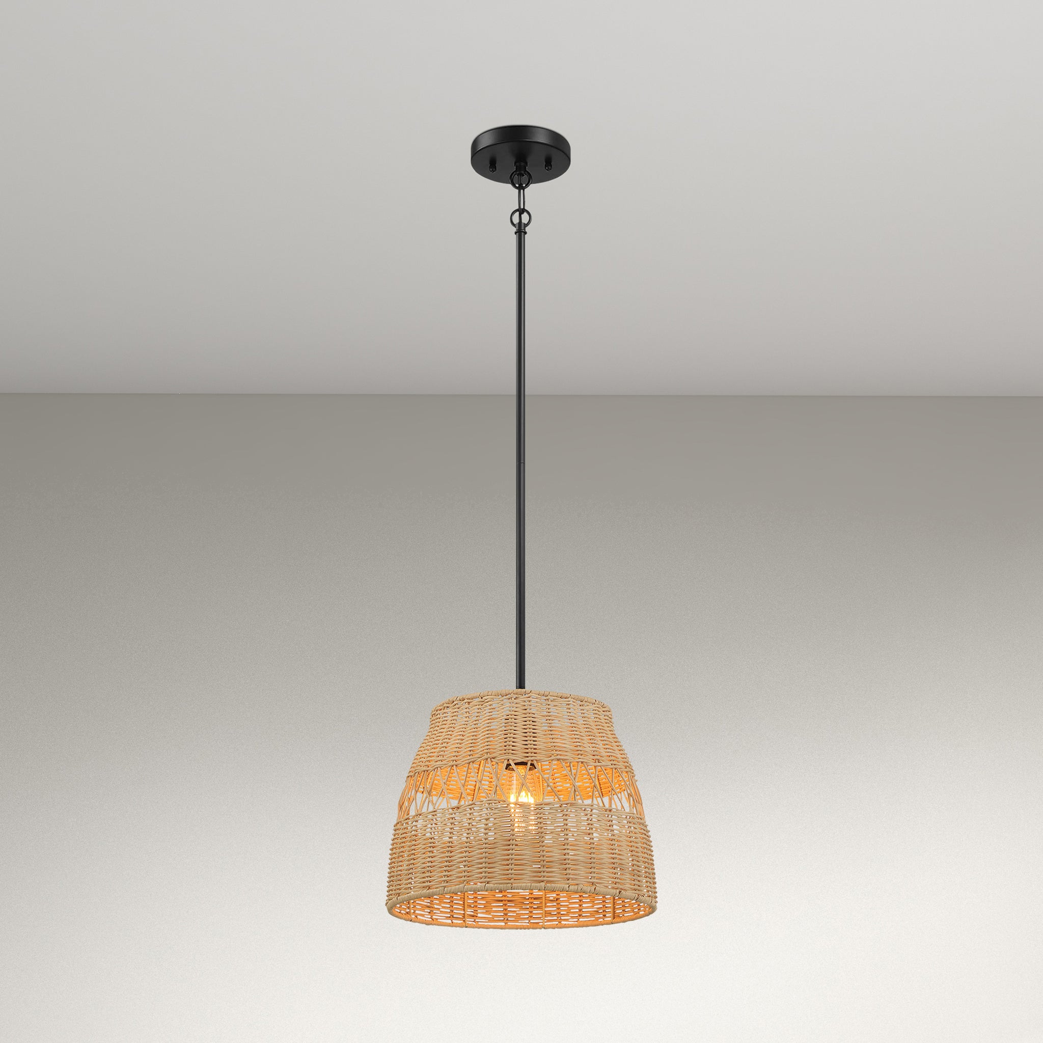 Flora Single Lights Pendant With Rattan Shade  Black Metal Finish for Farmhouse Style