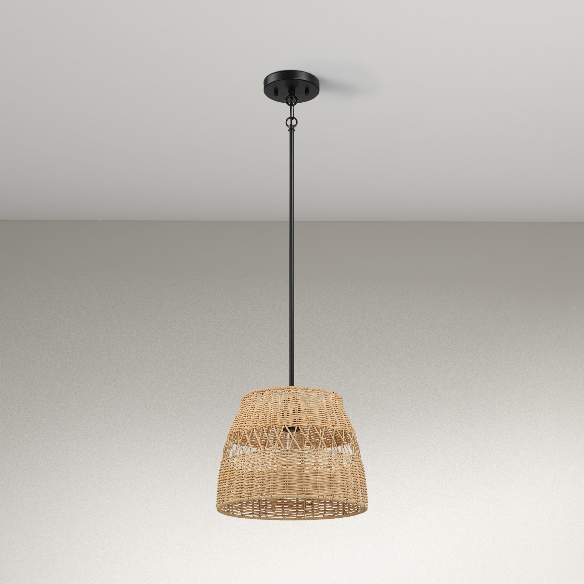 Flora Single Lights Pendant With Rattan Shade  Black Metal Finish for Farmhouse Style