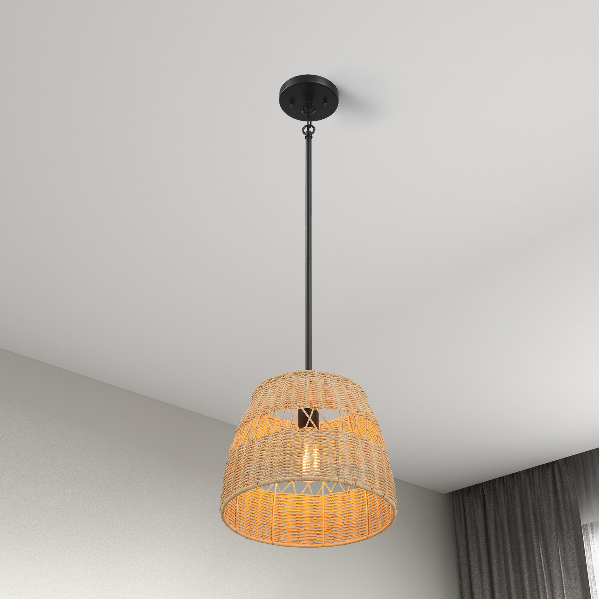 Flora Single Lights Pendant With Rattan Shade  Black Metal Finish for Farmhouse Style