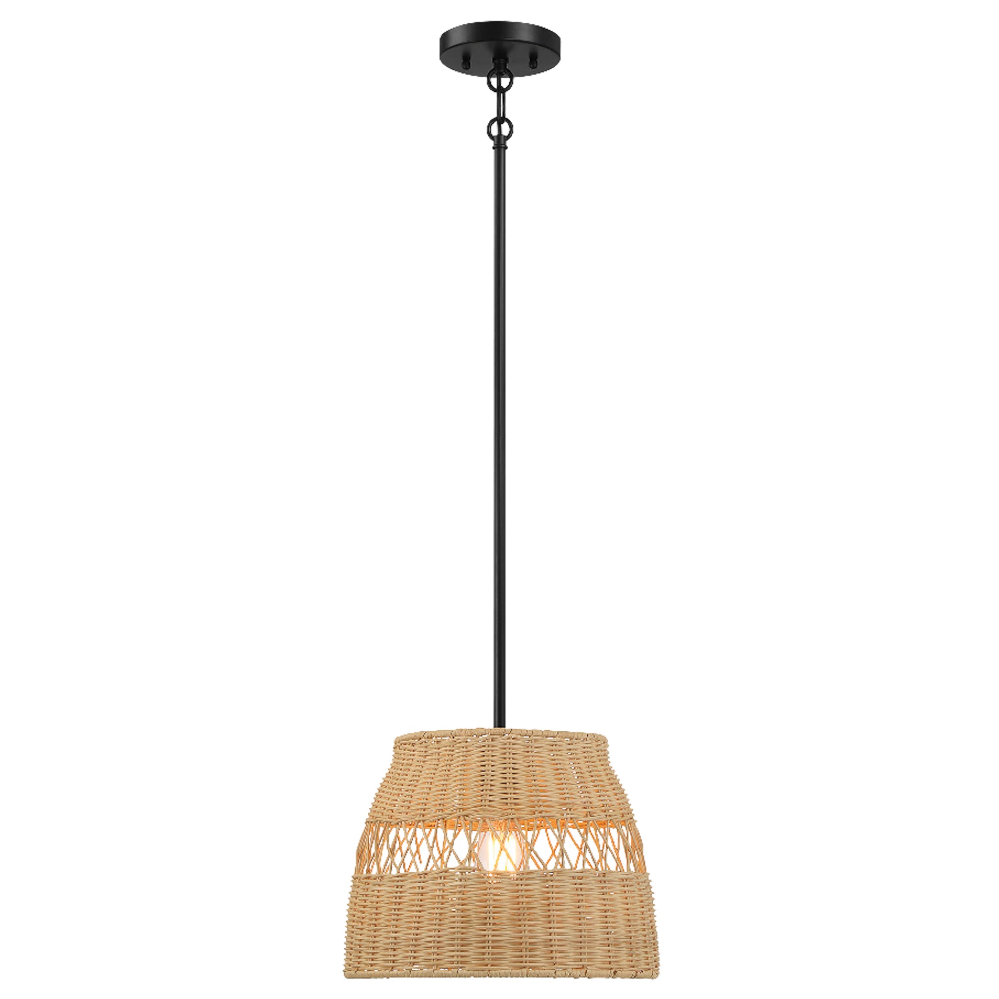 Flora Single Lights Pendant With Rattan Shade  Black Metal Finish for Farmhouse Style