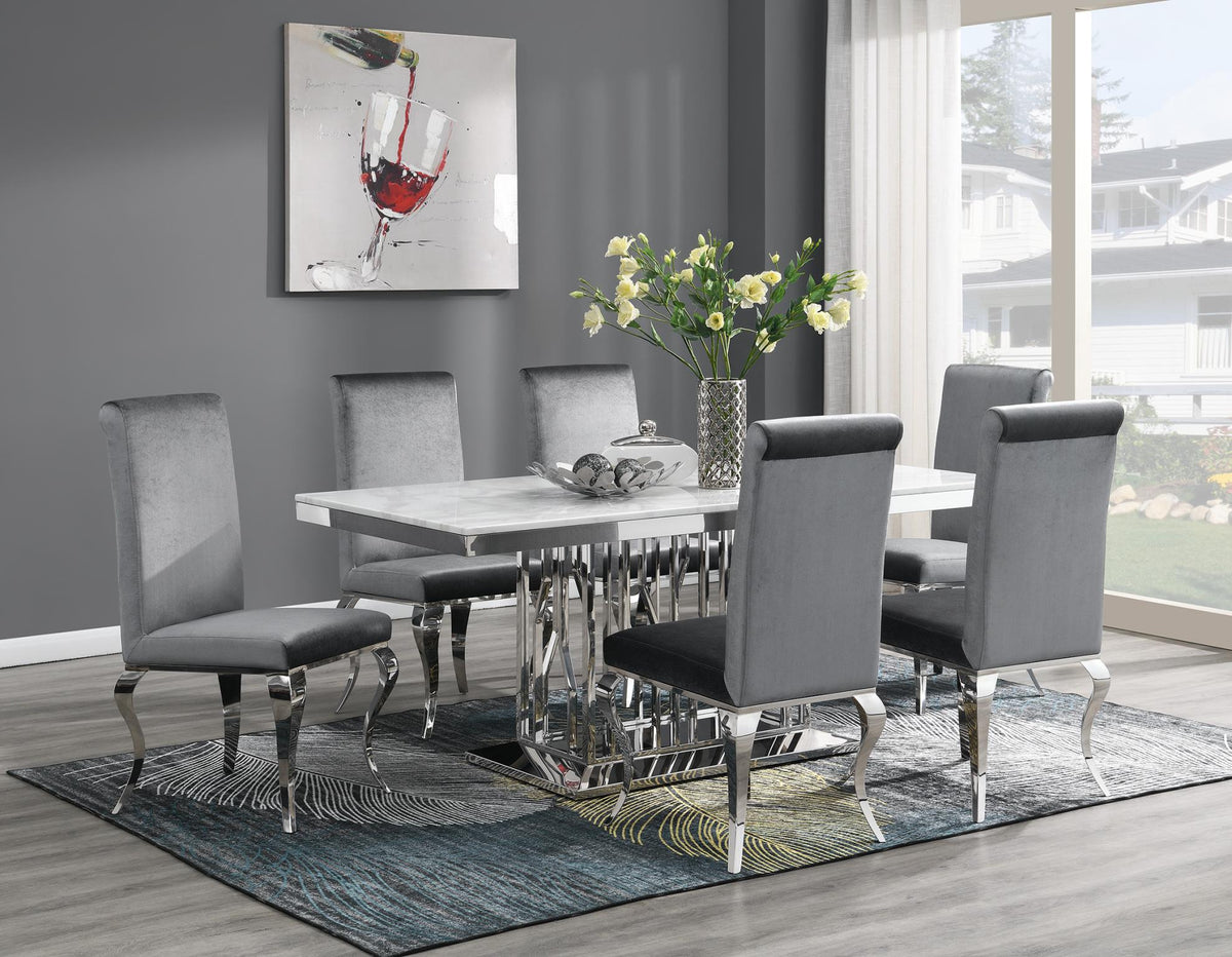 White Marble Dining Table with Leather or Velvet Chairs