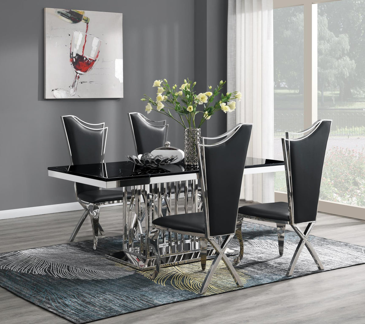 Black Marble Dining Table with Leather or Velvet Chairs