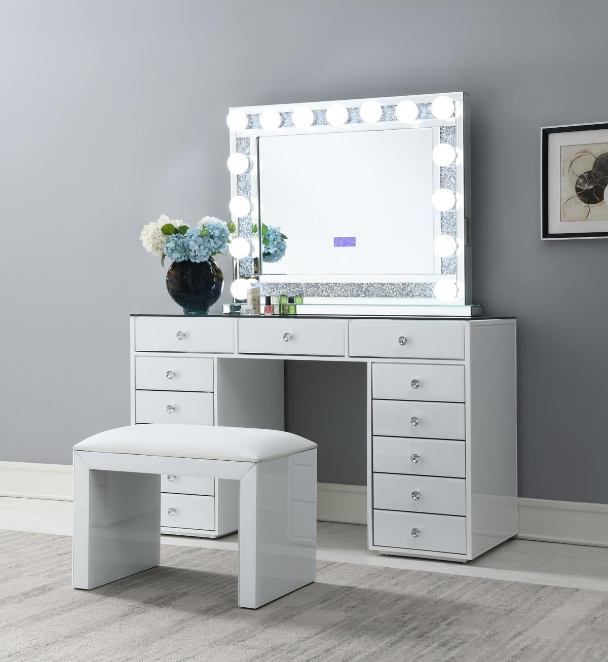 White Wood Vanity with Stool & LED Mirror Options