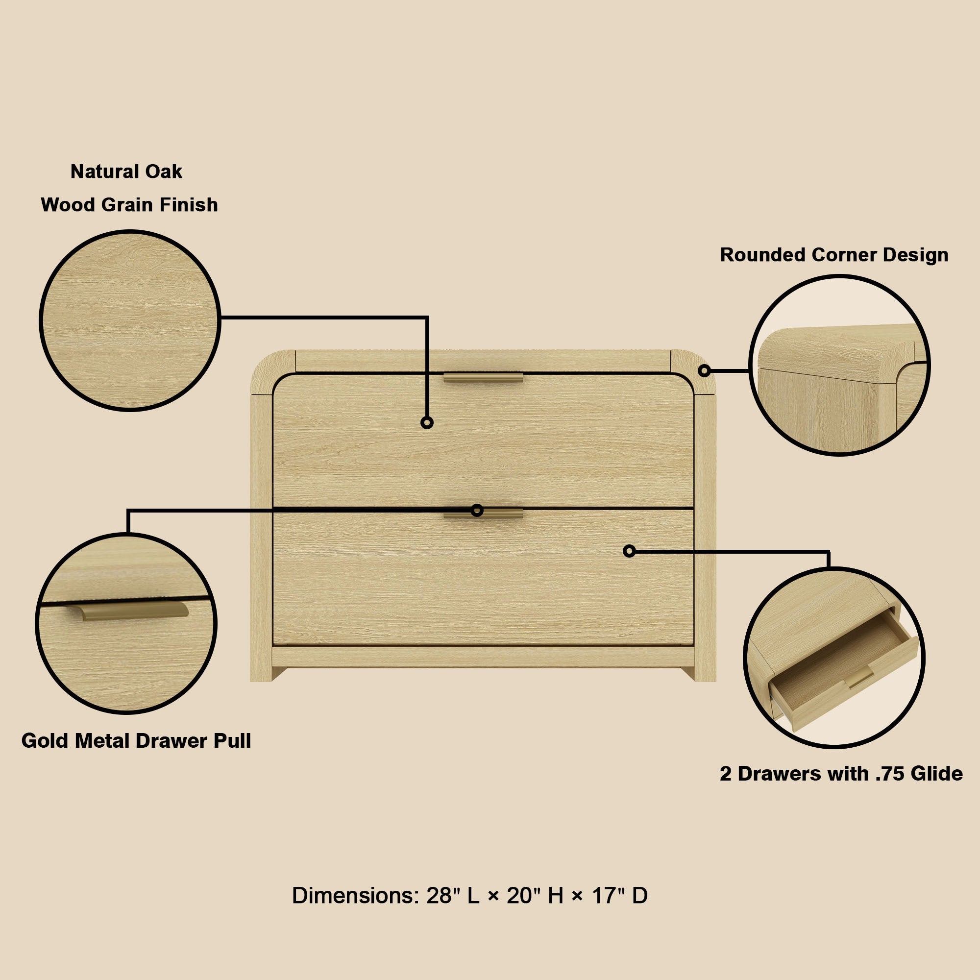 Grace Nightstand in Natural Oak and Gold