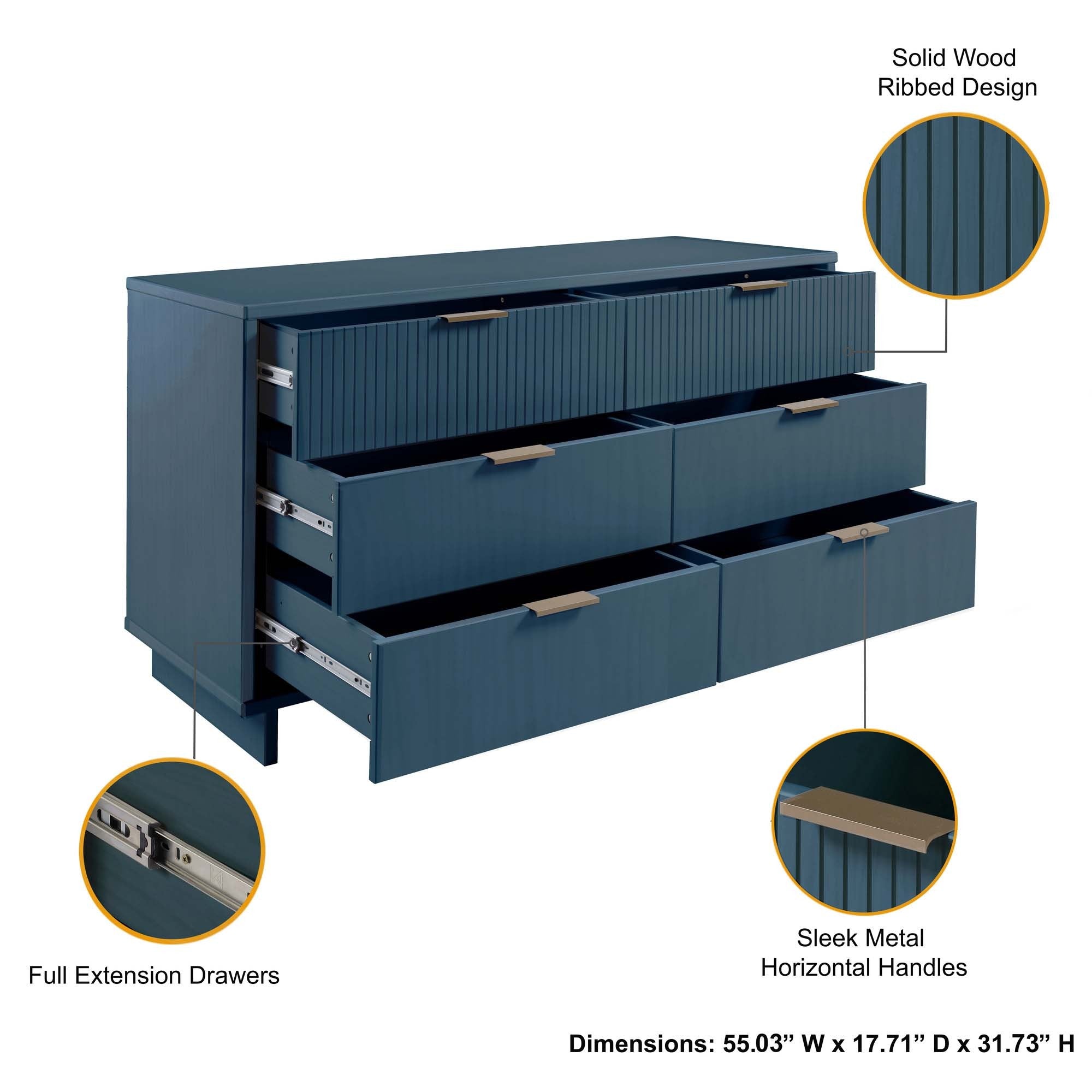 Granville 55" Modern Midnight Blue Double Wide 6 Drawer Dresser