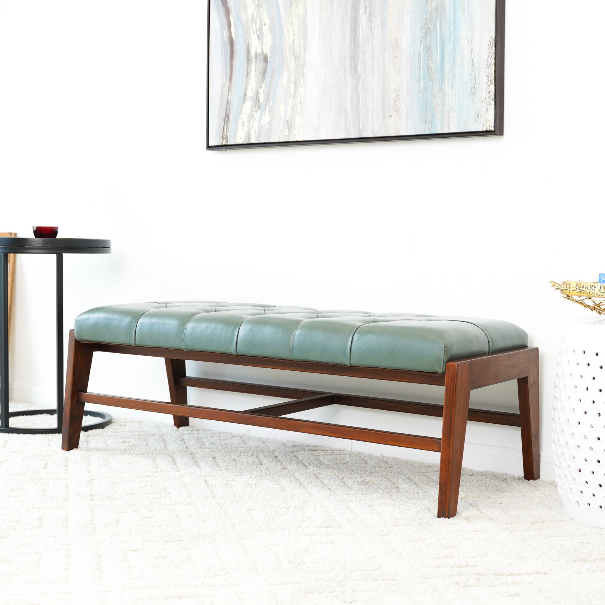 Hammond Green Leather Bench with Buttons