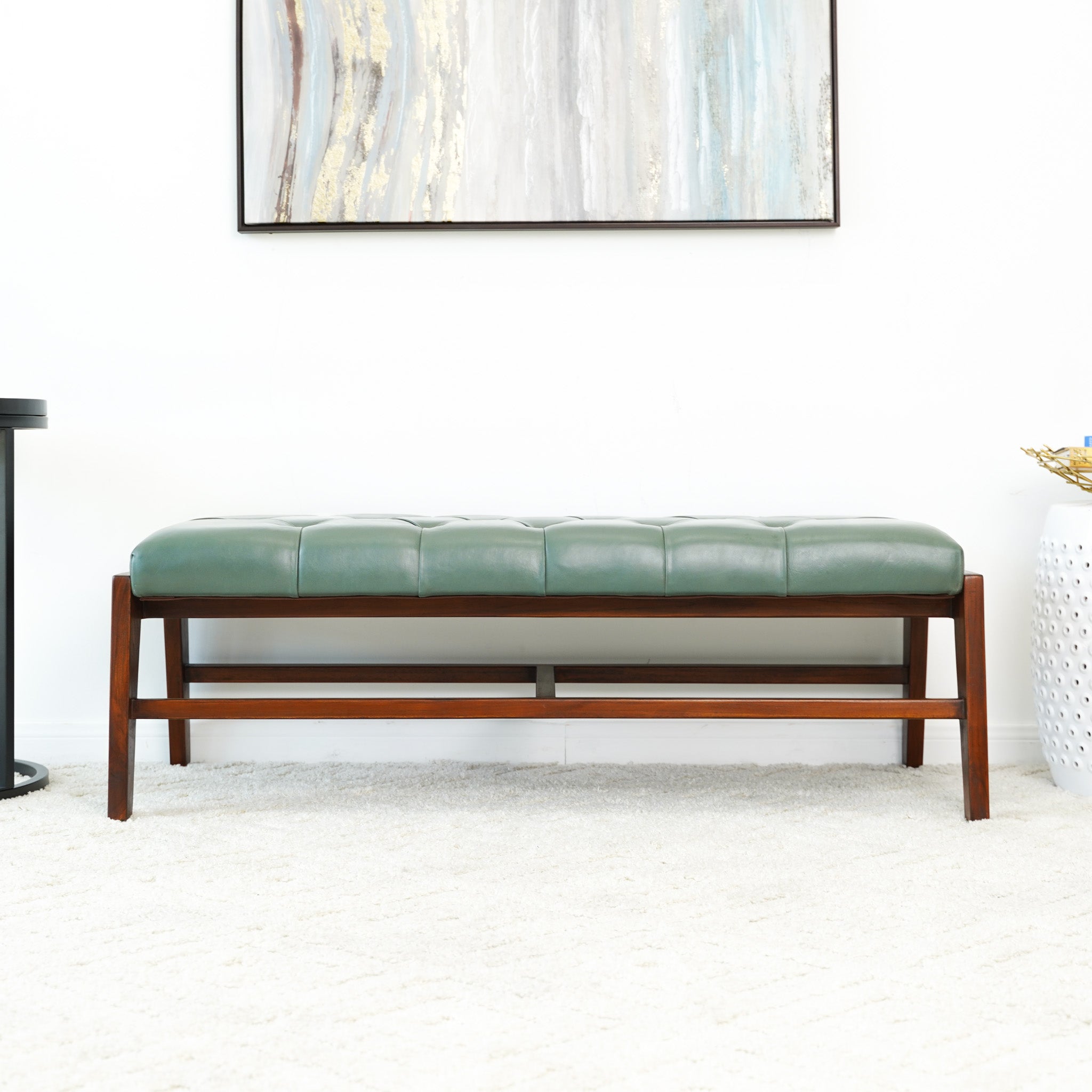 Hammond Green Leather Bench with Buttons