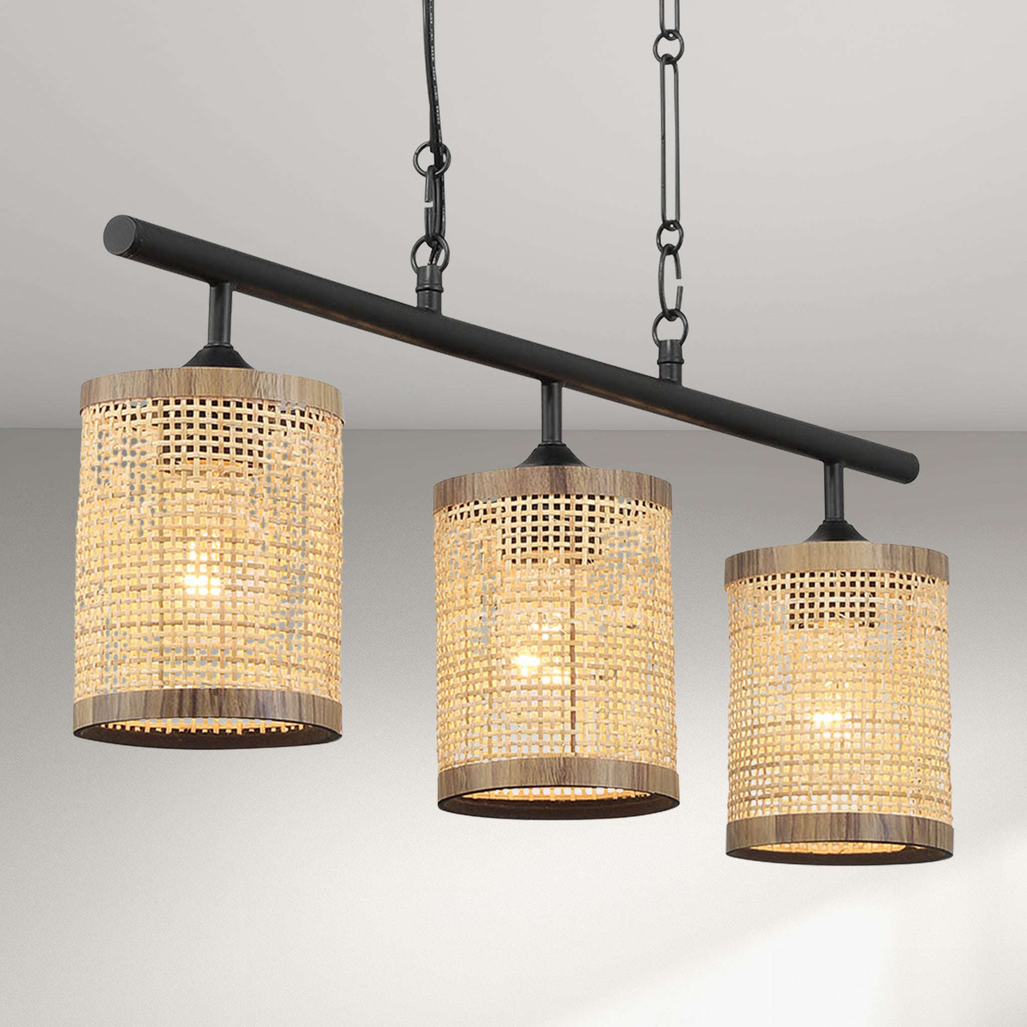 Harper Three Lights Island With Natural Rattan Shade Farmhouse Chain Ceiling Lamp