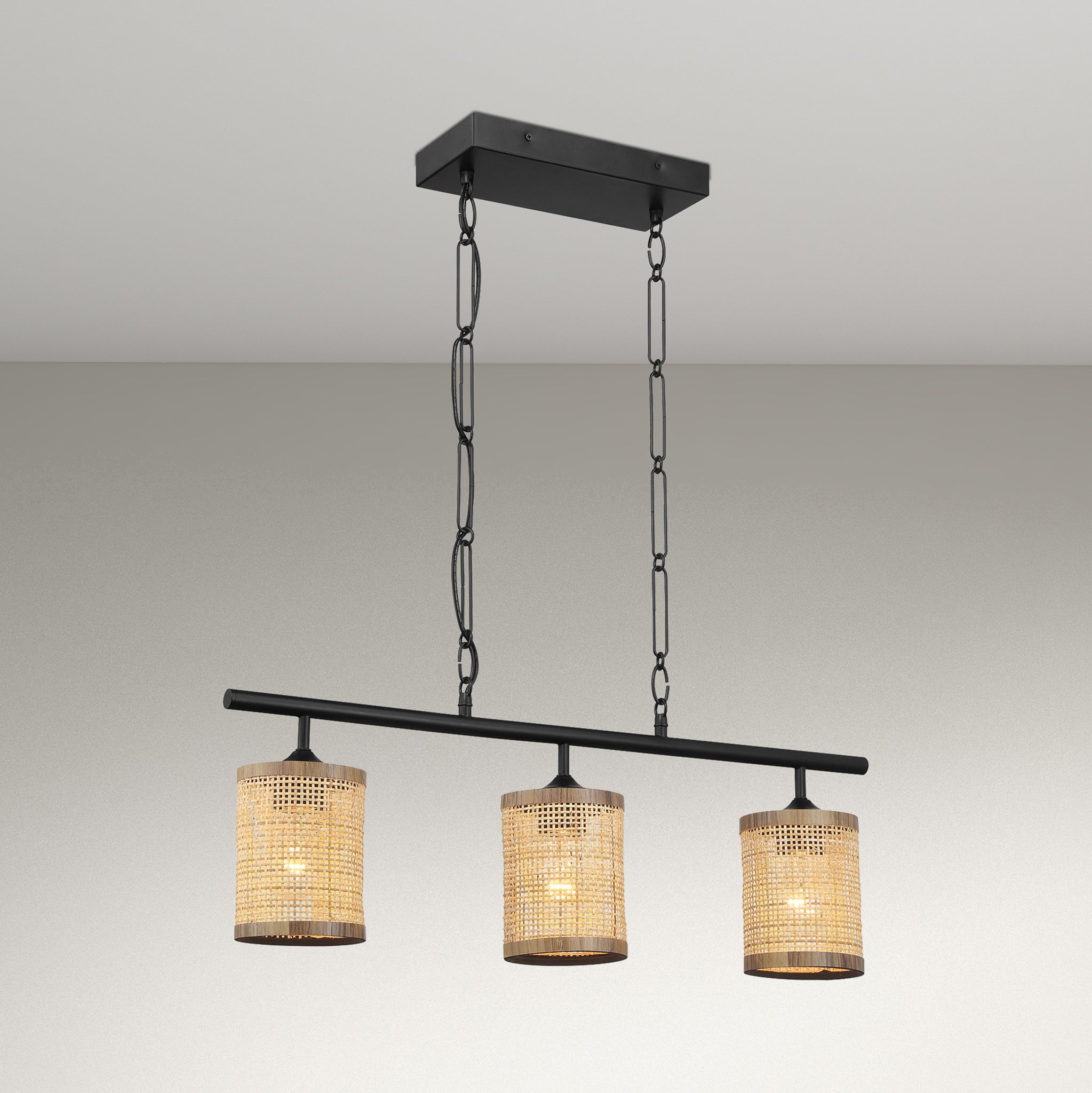 Harper Three Lights Island With Natural Rattan Shade Farmhouse Chain Ceiling Lamp