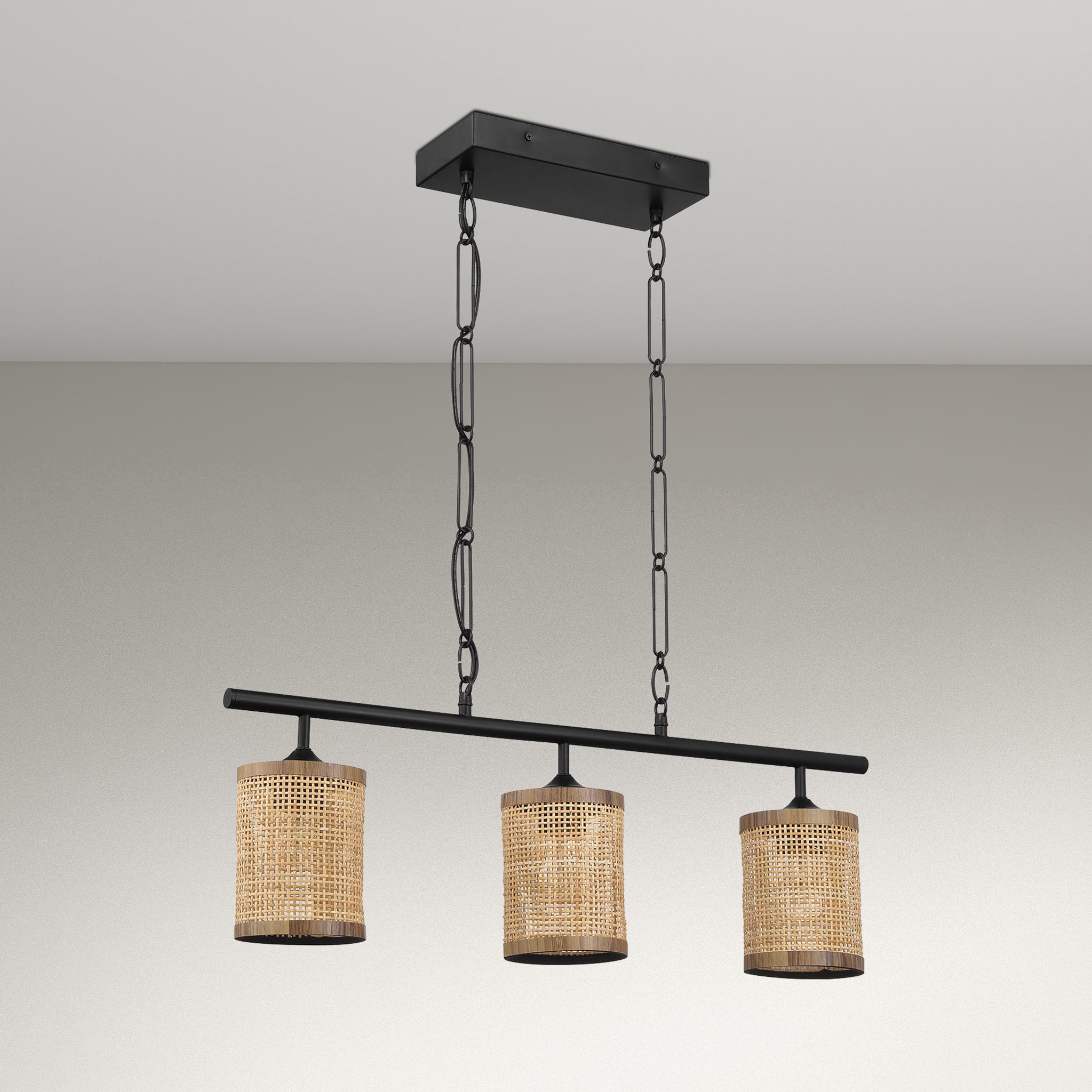 Harper Three Lights Island With Natural Rattan Shade Farmhouse Chain Ceiling Lamp