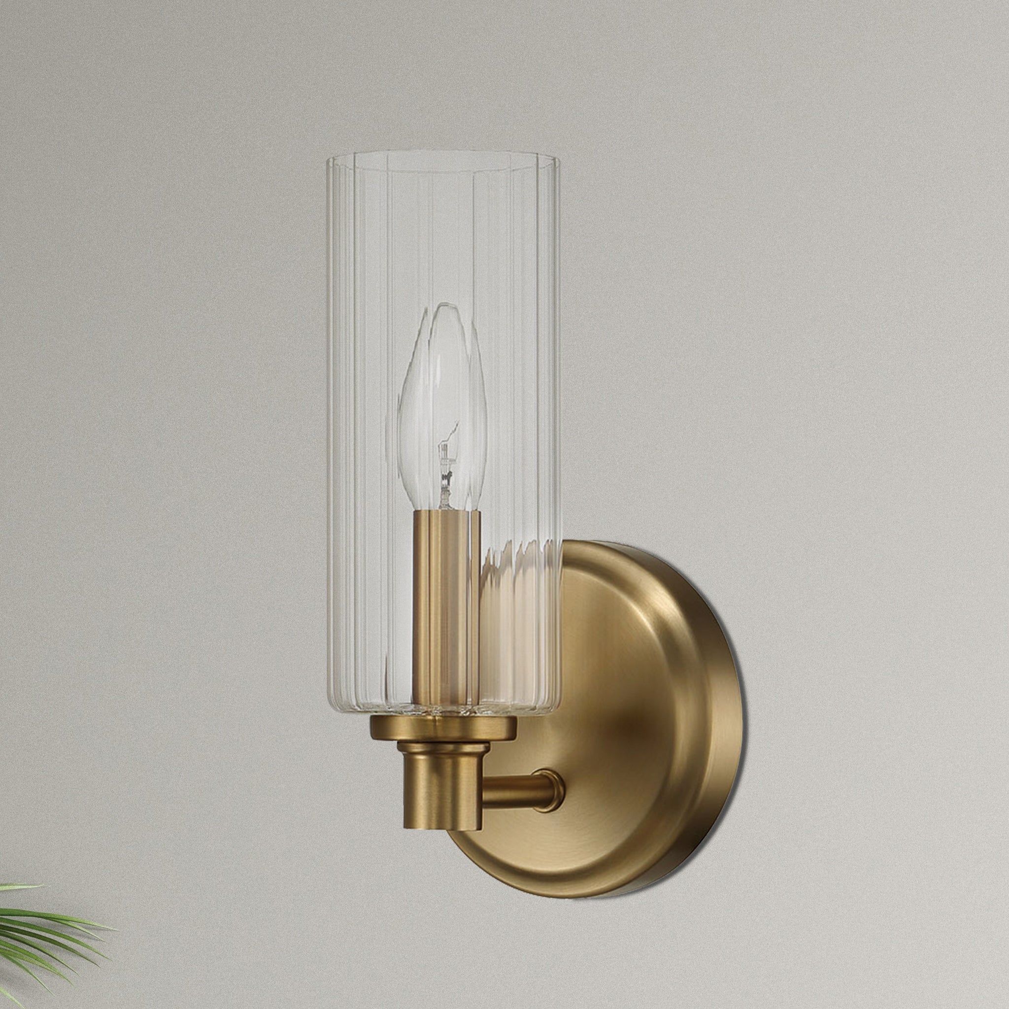 Felicity Single Light Wall Sconce With Clear Ribbed Glass - Satin Brass