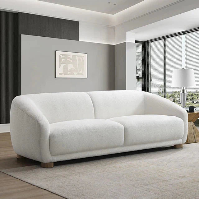 Kolvere Contemporary White Boucle Sofa with Solid Wood Round Legs