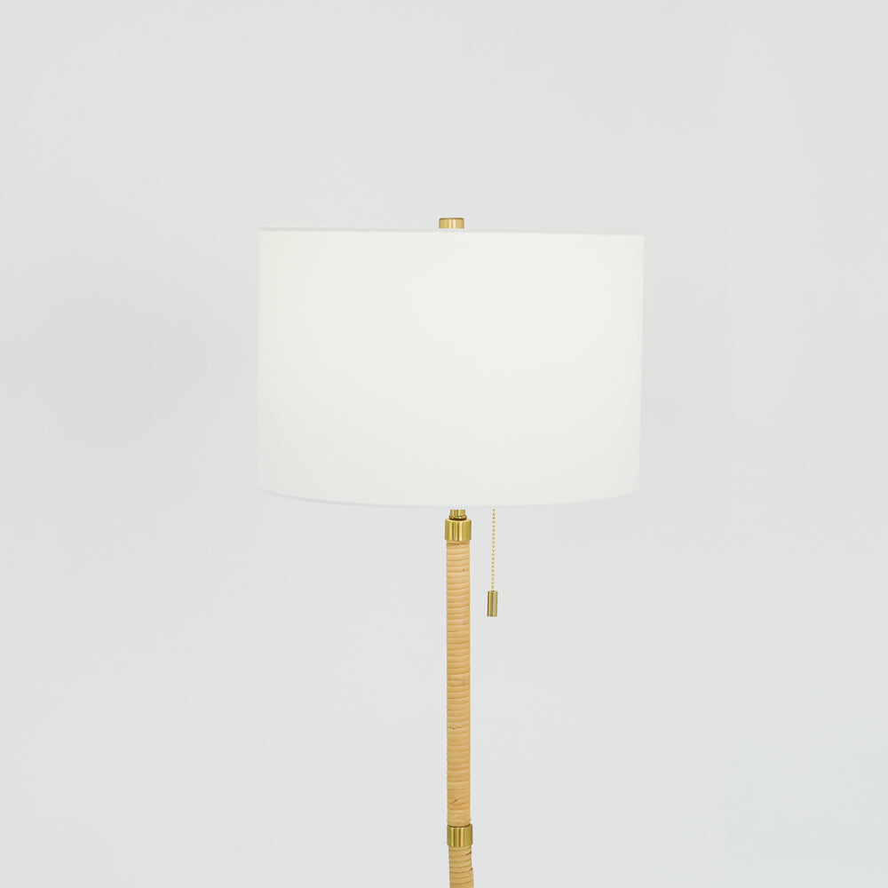 Leyden Wood Rattan Tube , Gold Brass Metal and White Linen Shade Floor Lamp