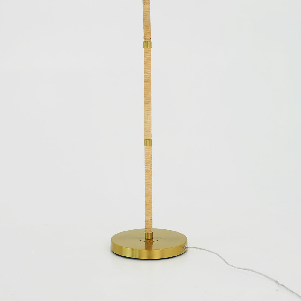 Leyden Wood Rattan Tube , Gold Brass Metal and White Linen Shade Floor Lamp