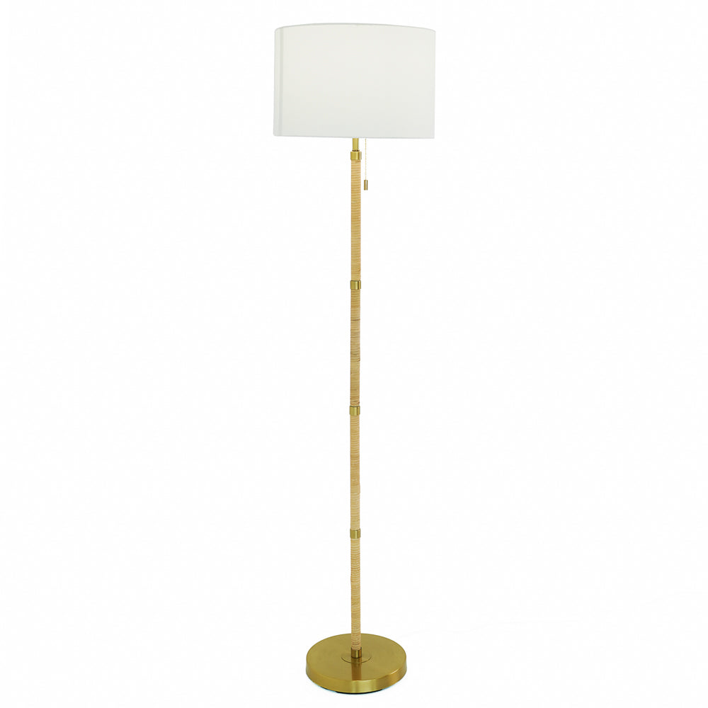 Leyden Wood Rattan Tube , Gold Brass Metal and White Linen Shade Floor Lamp