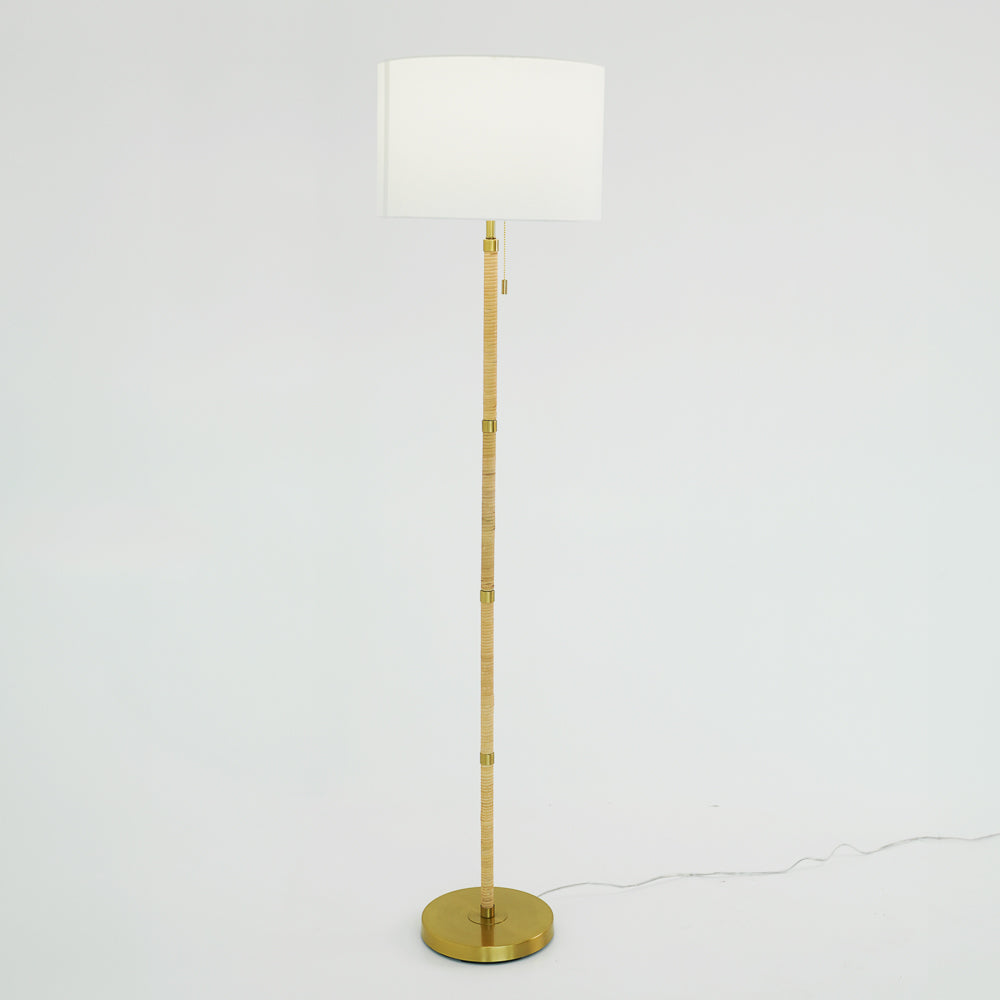 Leyden Wood Rattan Tube , Gold Brass Metal and White Linen Shade Floor Lamp