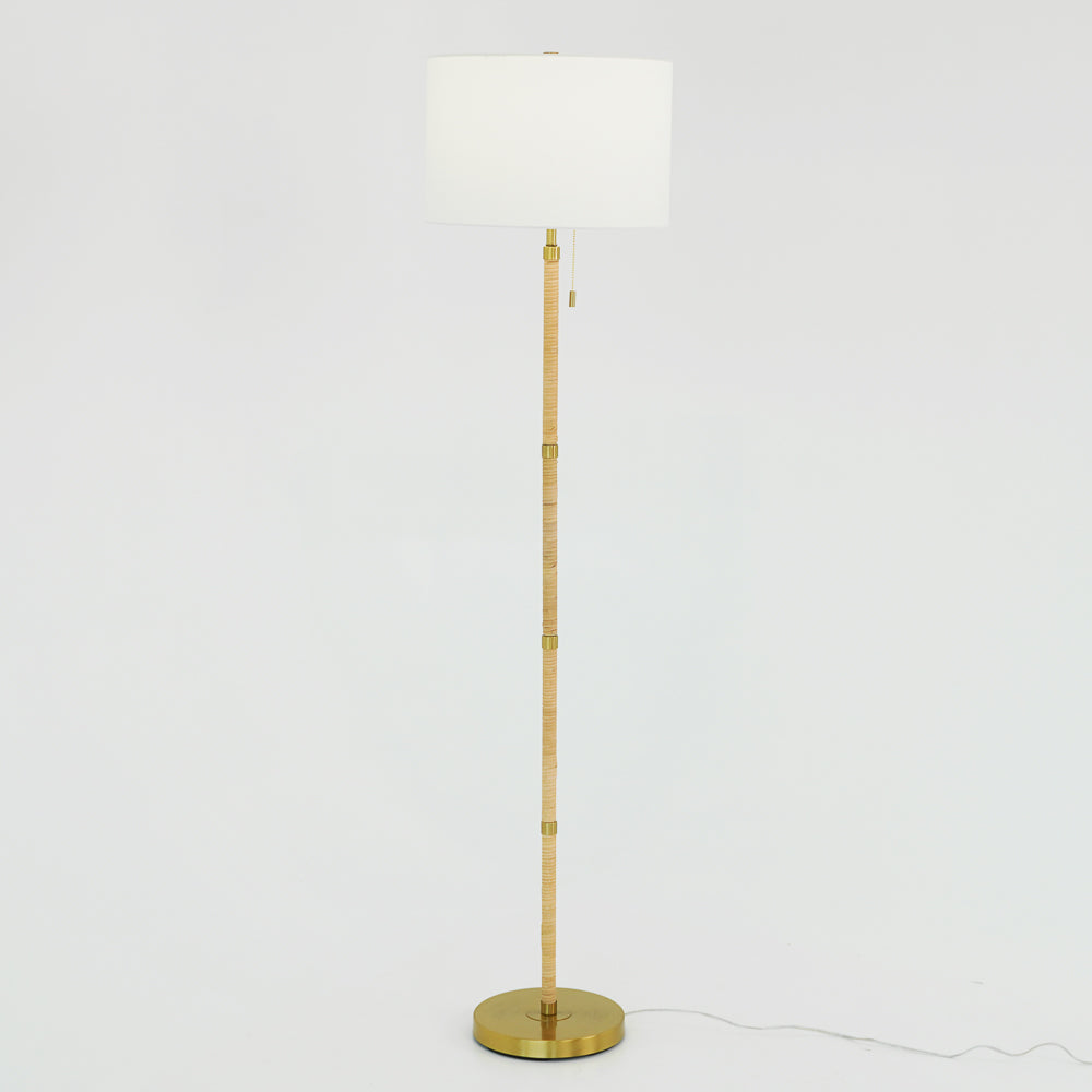 Leyden Wood Rattan Tube , Gold Brass Metal and White Linen Shade Floor Lamp