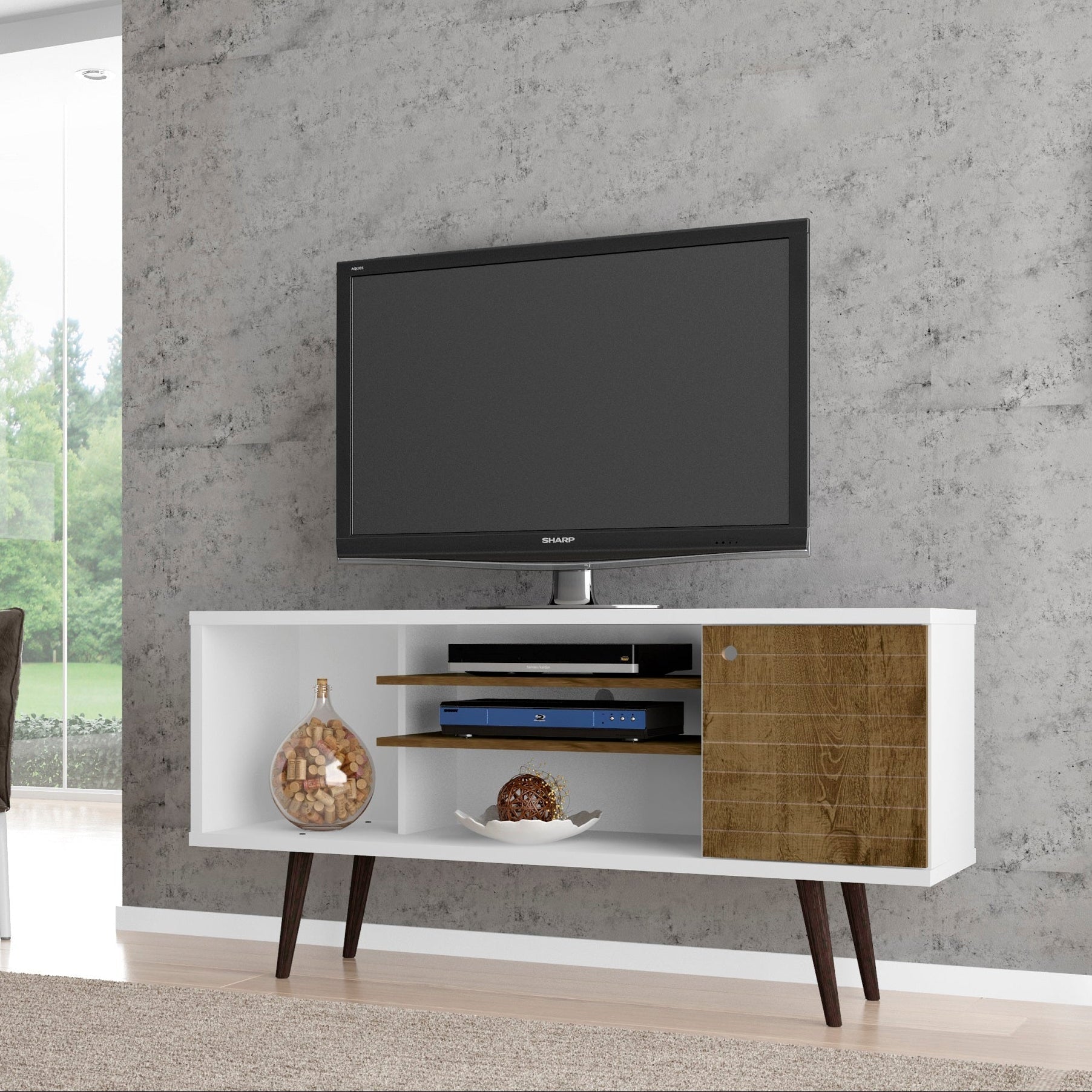 Liberty 53" Mid-Century Modern White and Rustic Brown TV Stand
