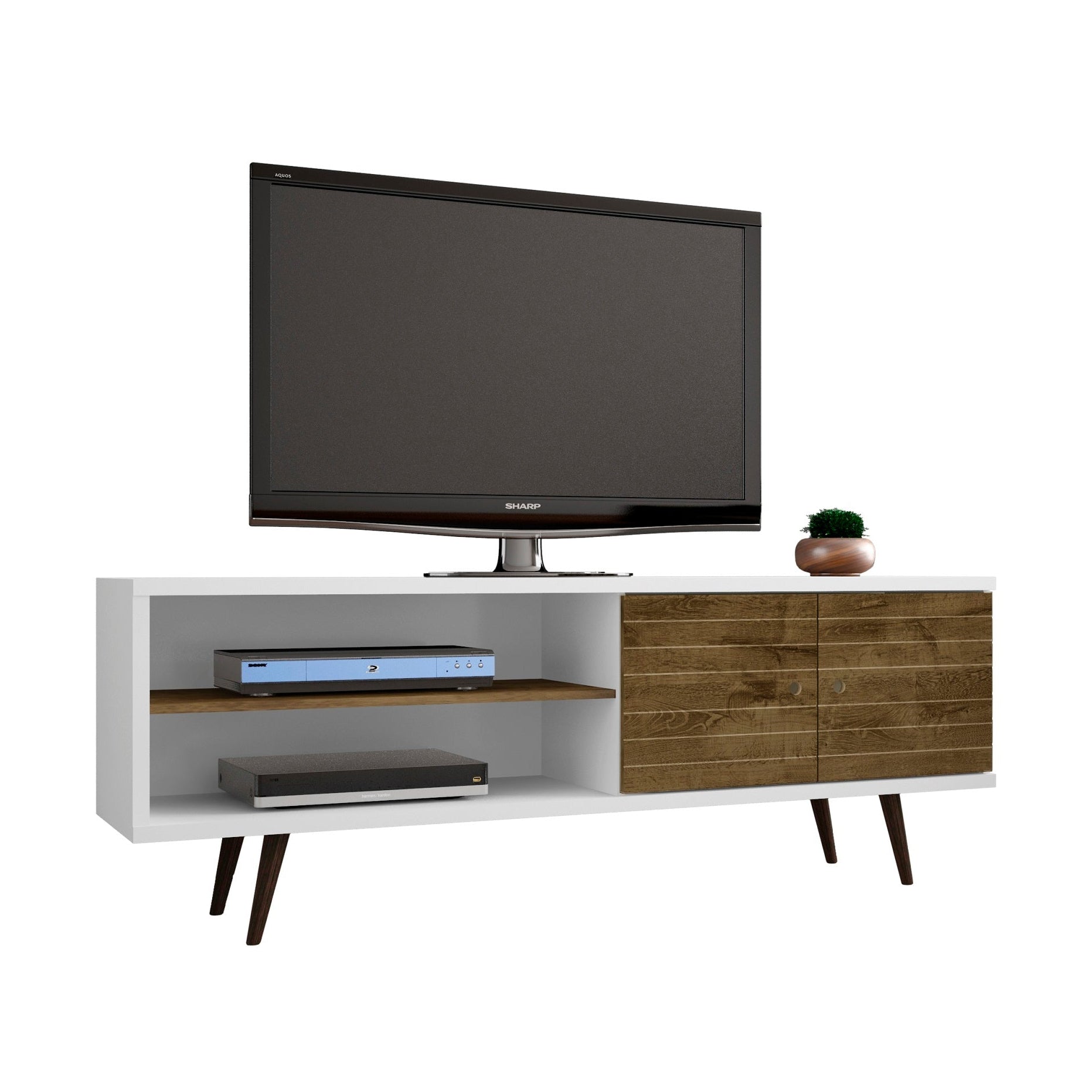 Liberty 63" Mid-Century Modern TV Stand - White & Rustic Brown