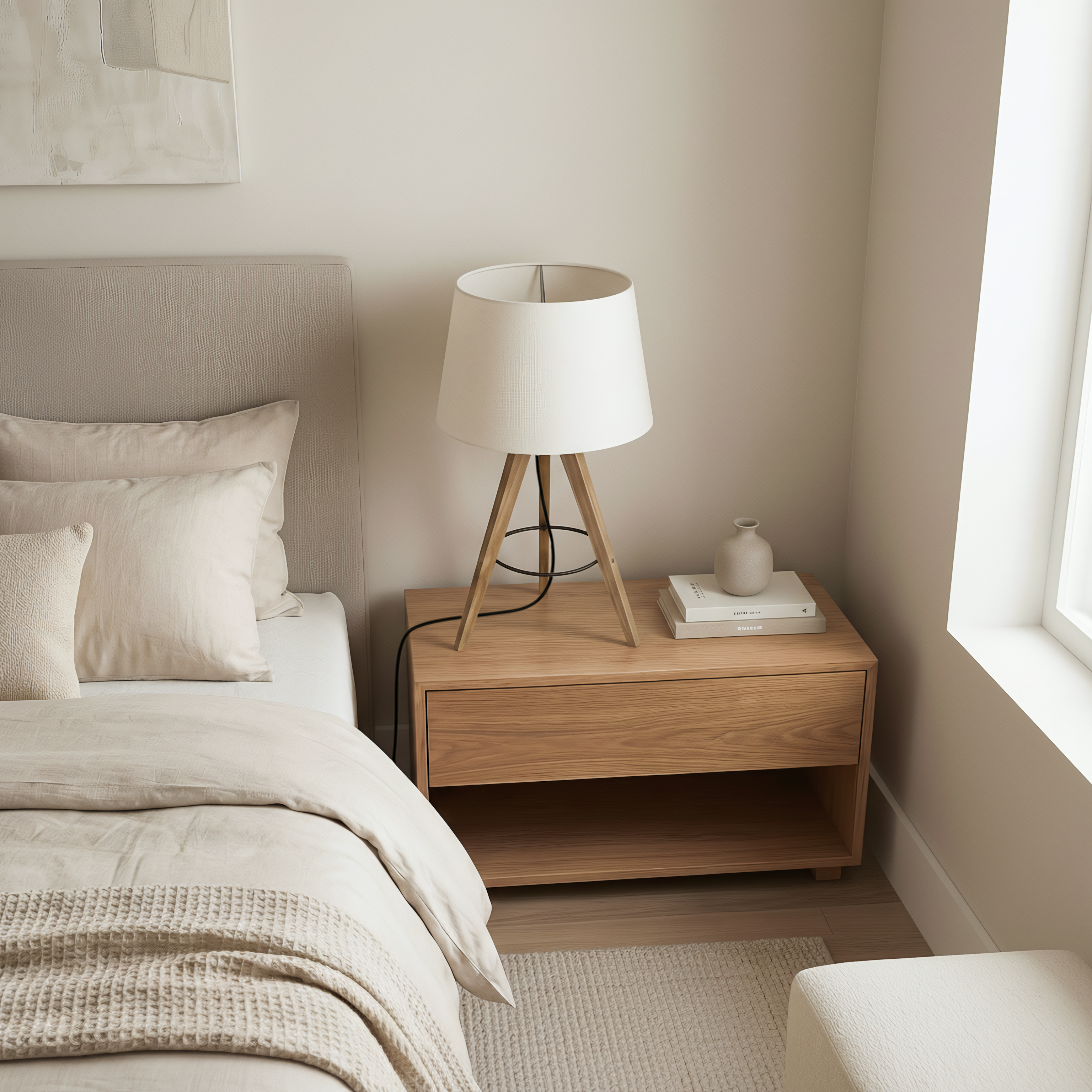 Lyra Three Legged Nightstand and Modern Table Lamp