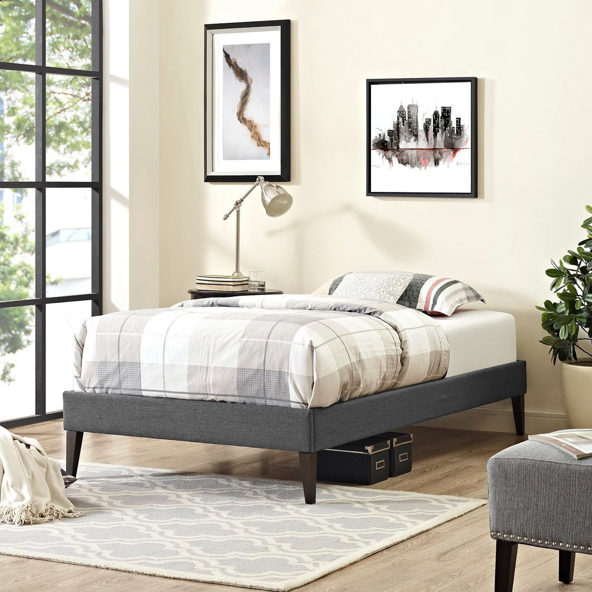 Sharon Fabric Bed Frame with Squared Tapered Legs, Twin, Gray - view 5