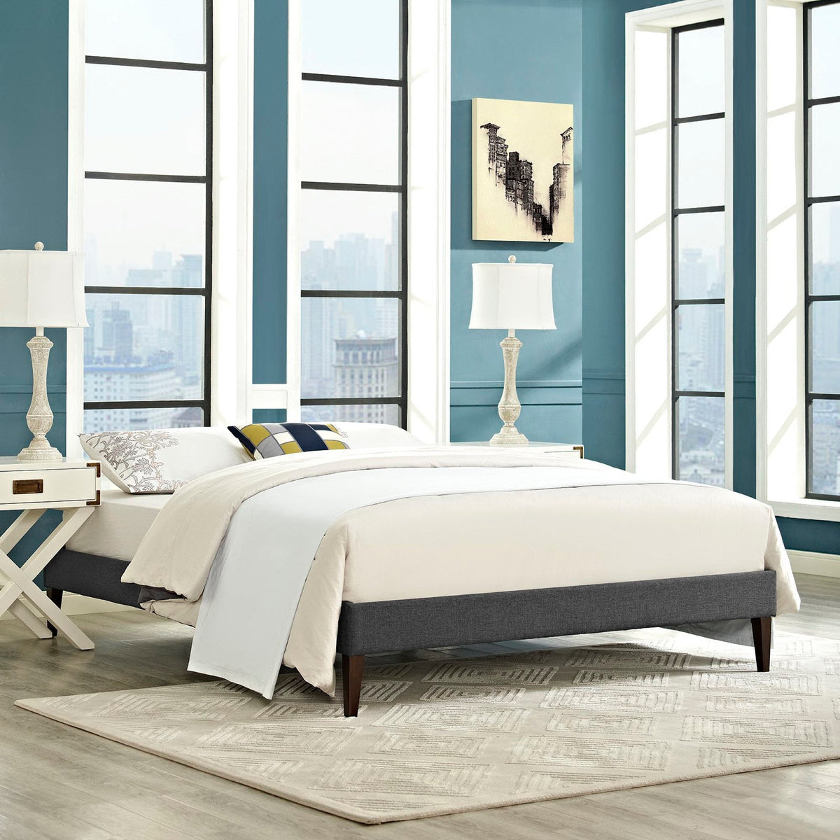 Sharon Fabric Bed Frame with Squared Tapered Legs, Full, Gray - view 5