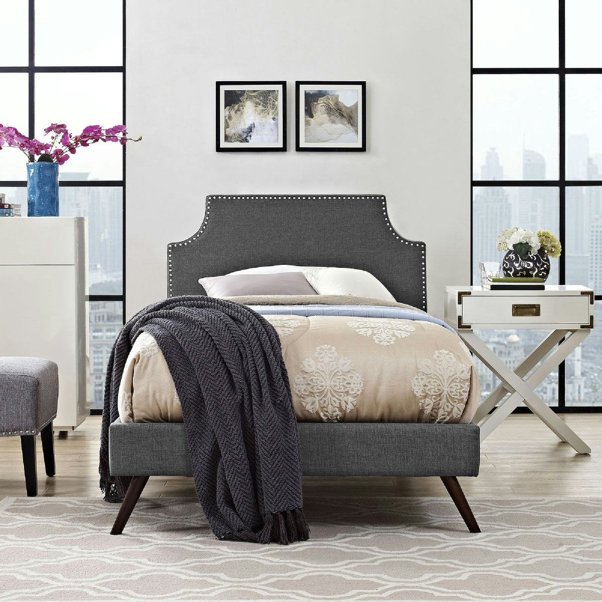Laura Fabric Platform Bed with Round Splayed Legs