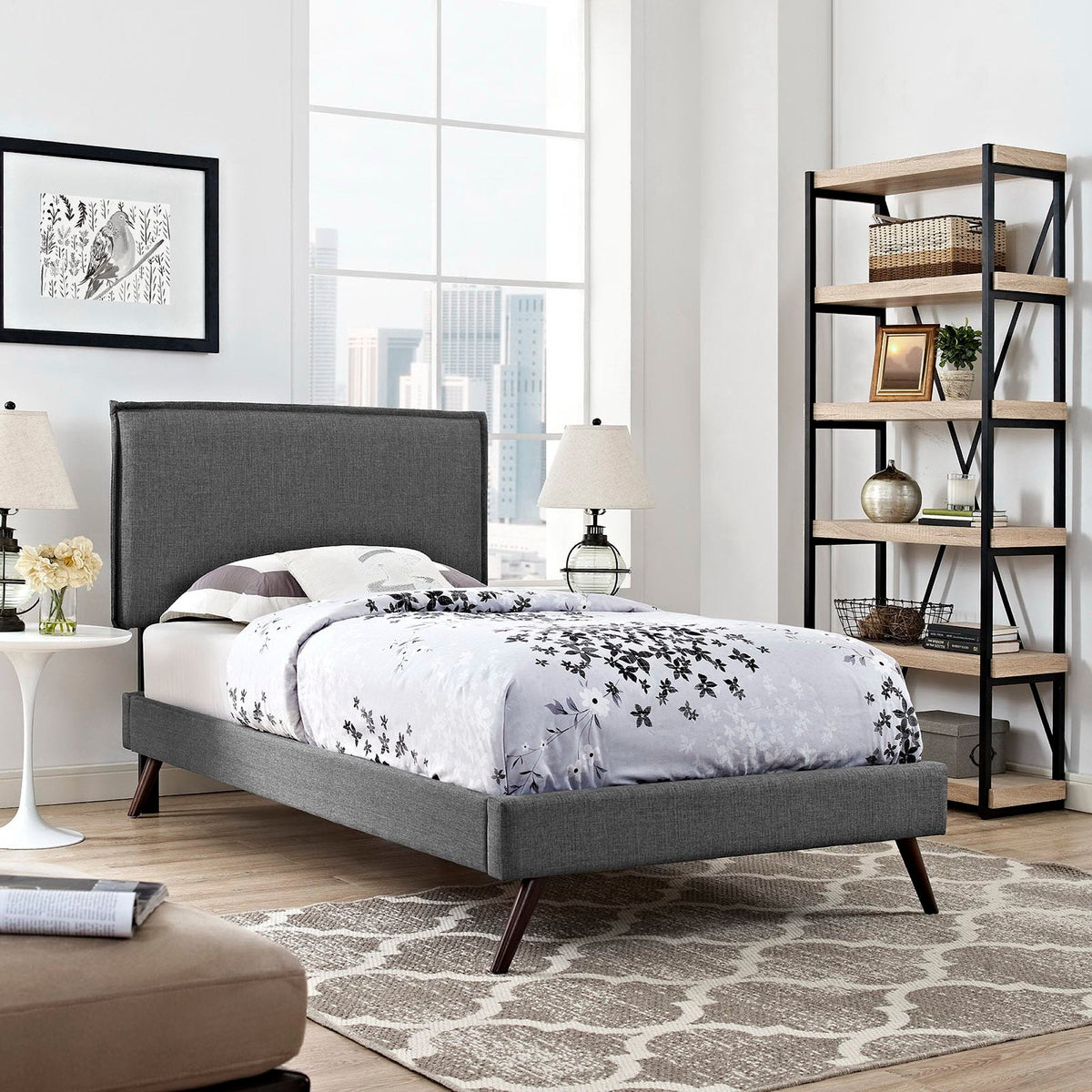 Camille Fabric Platform Bed with Round Splayed Legs