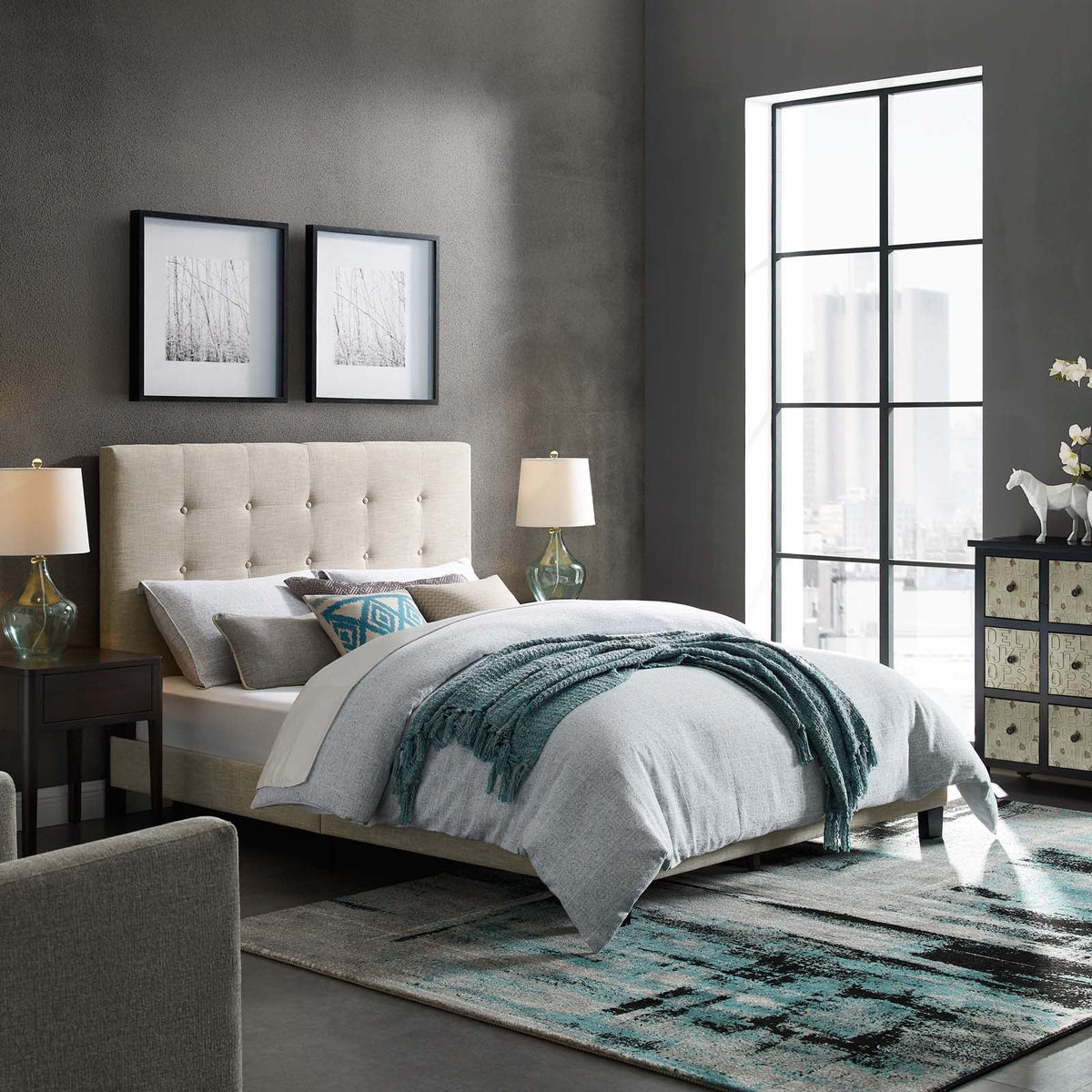 Melanie Tufted Button Upholstered Fabric Platform Bed