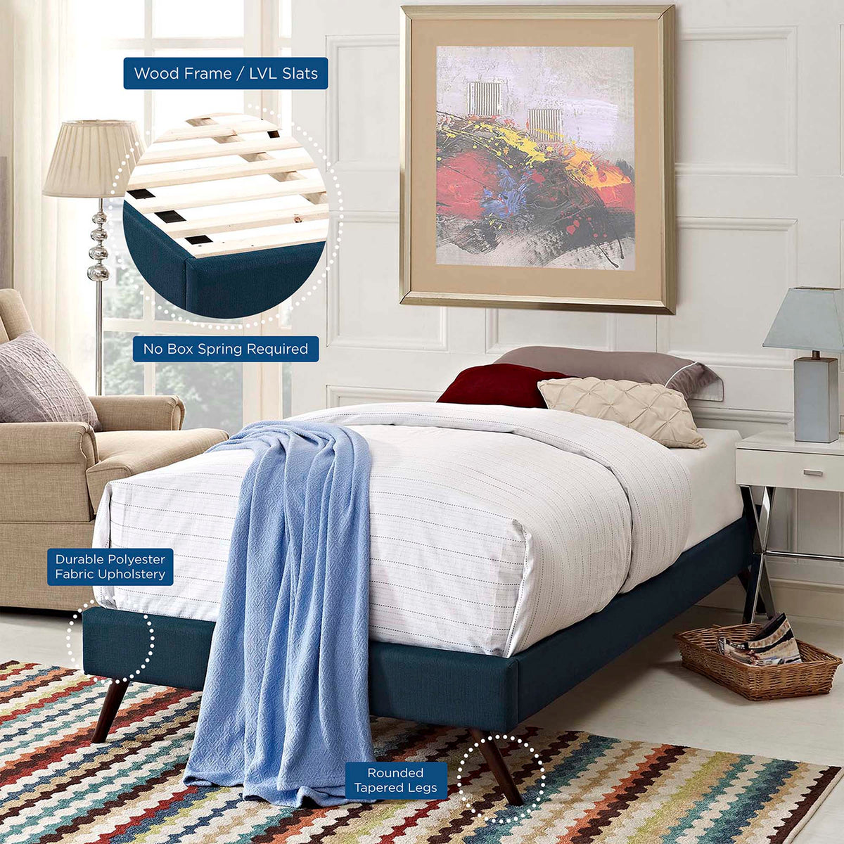 Loryn Fabric Bed Frame with Round Splayed Legs, Twin, Azure - view 1