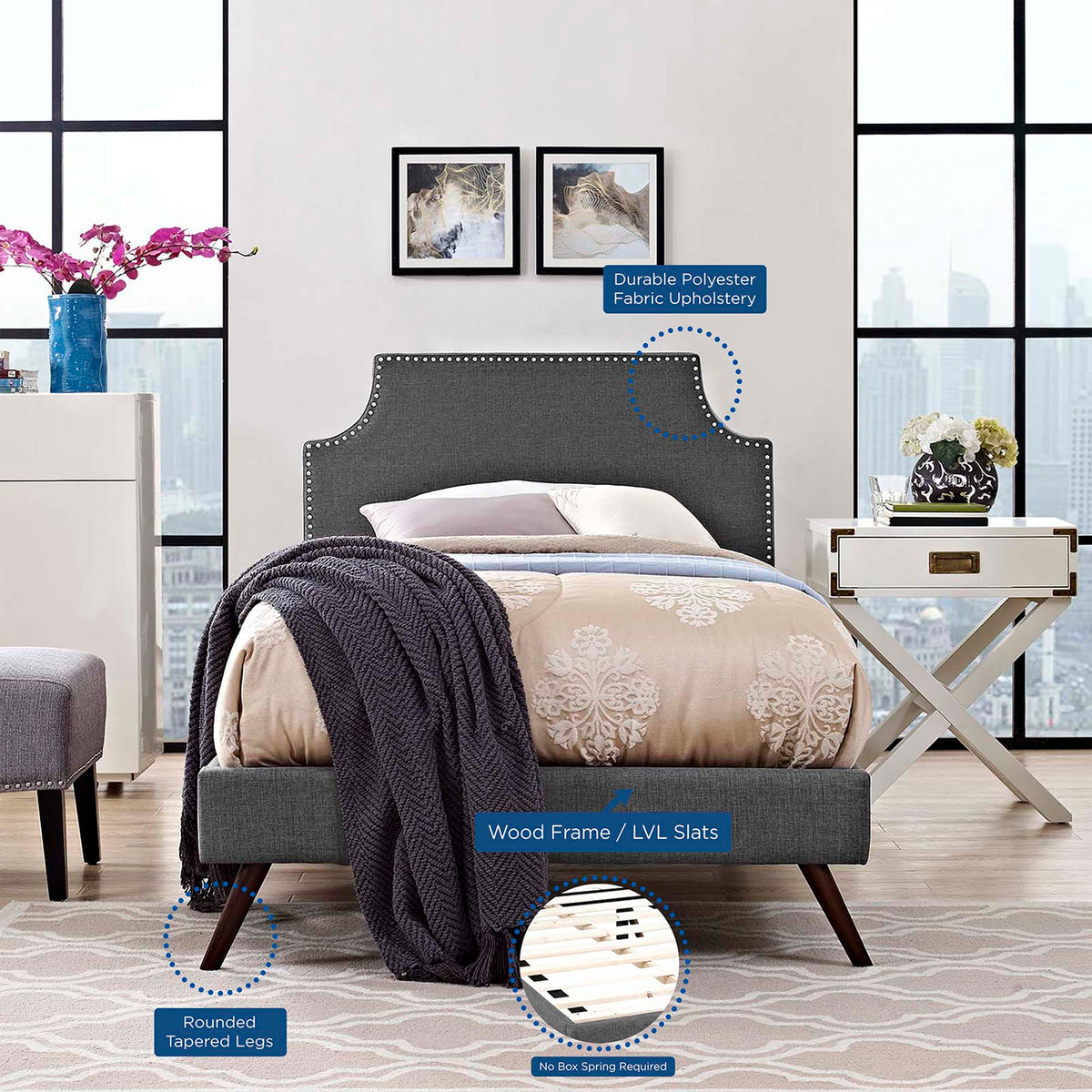 Corene Fabric Platform Bed with Round Splayed Legs