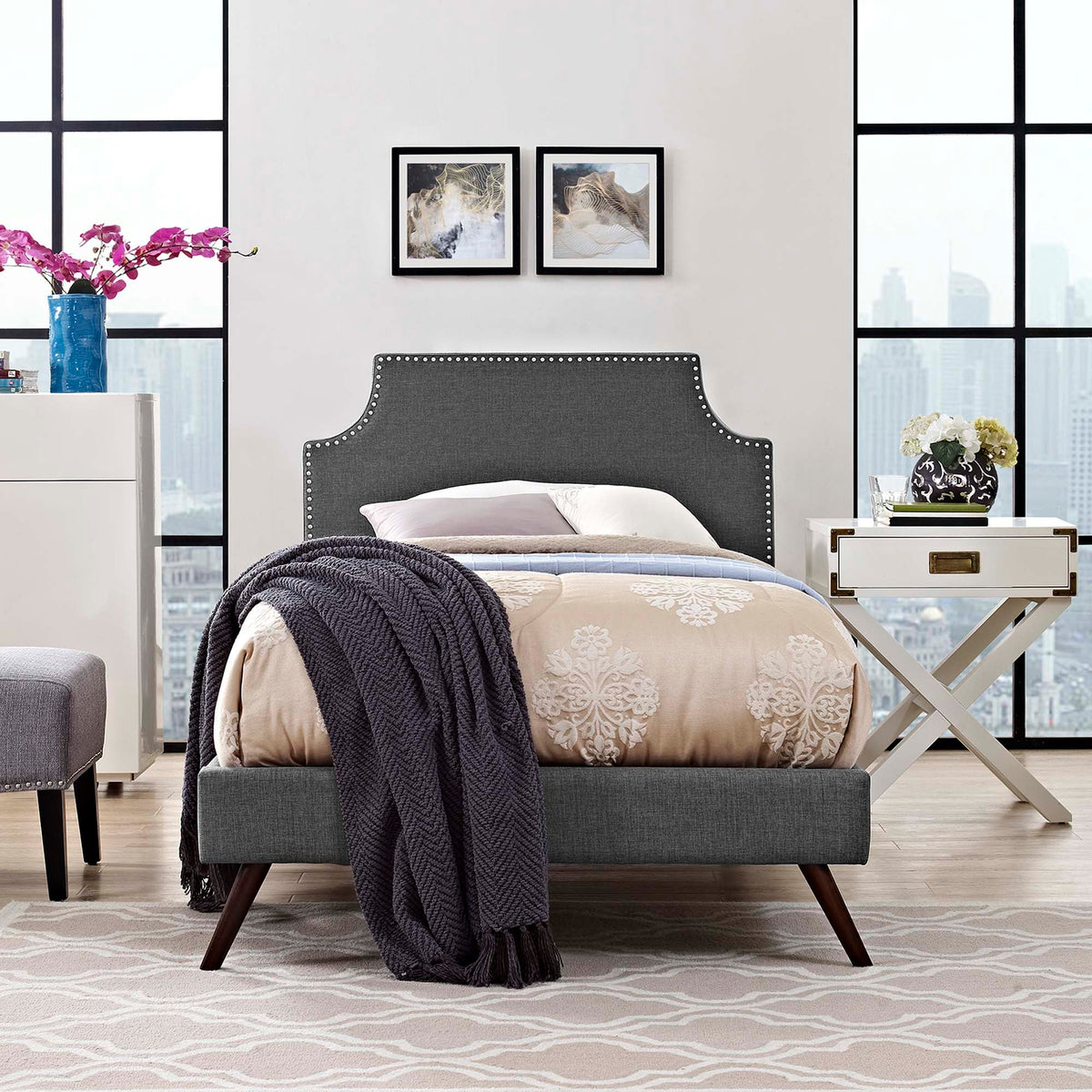 Corene Fabric Platform Bed with Round Splayed Legs