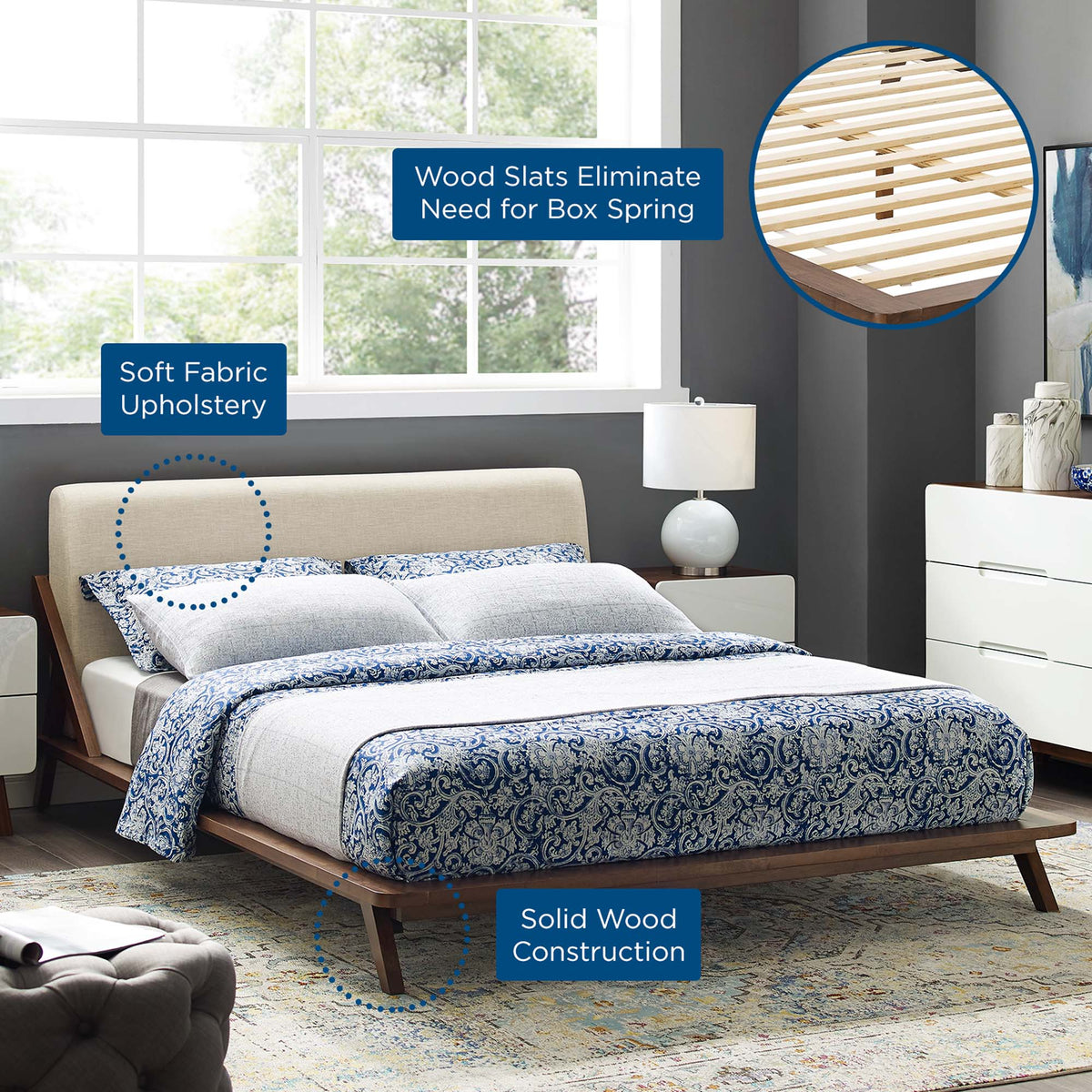 Luella Upholstered Fabric Queen Platform Bed